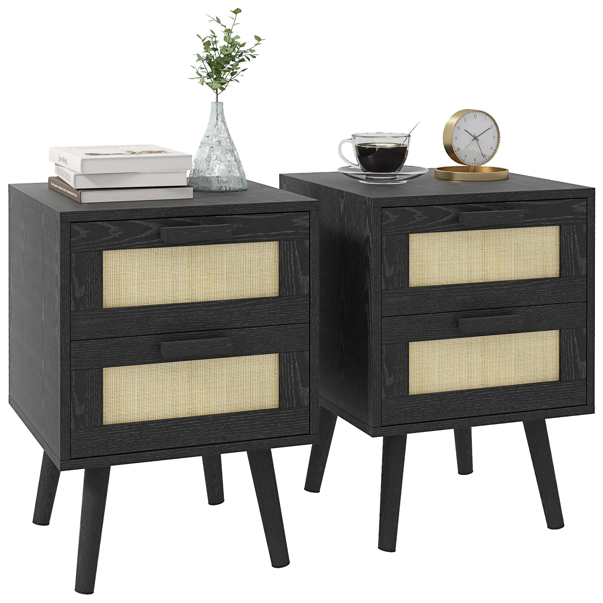 Boho Design Nightstand Set of 2, Side End Table with 2 Drawers for Bedroom, Black