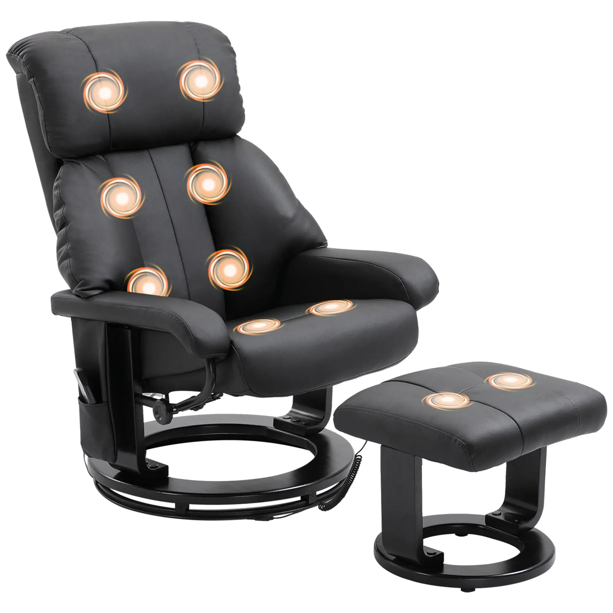 Massage Recliner with Ottoman and 360° Swivel, 10-Point Vibration, PU, Black