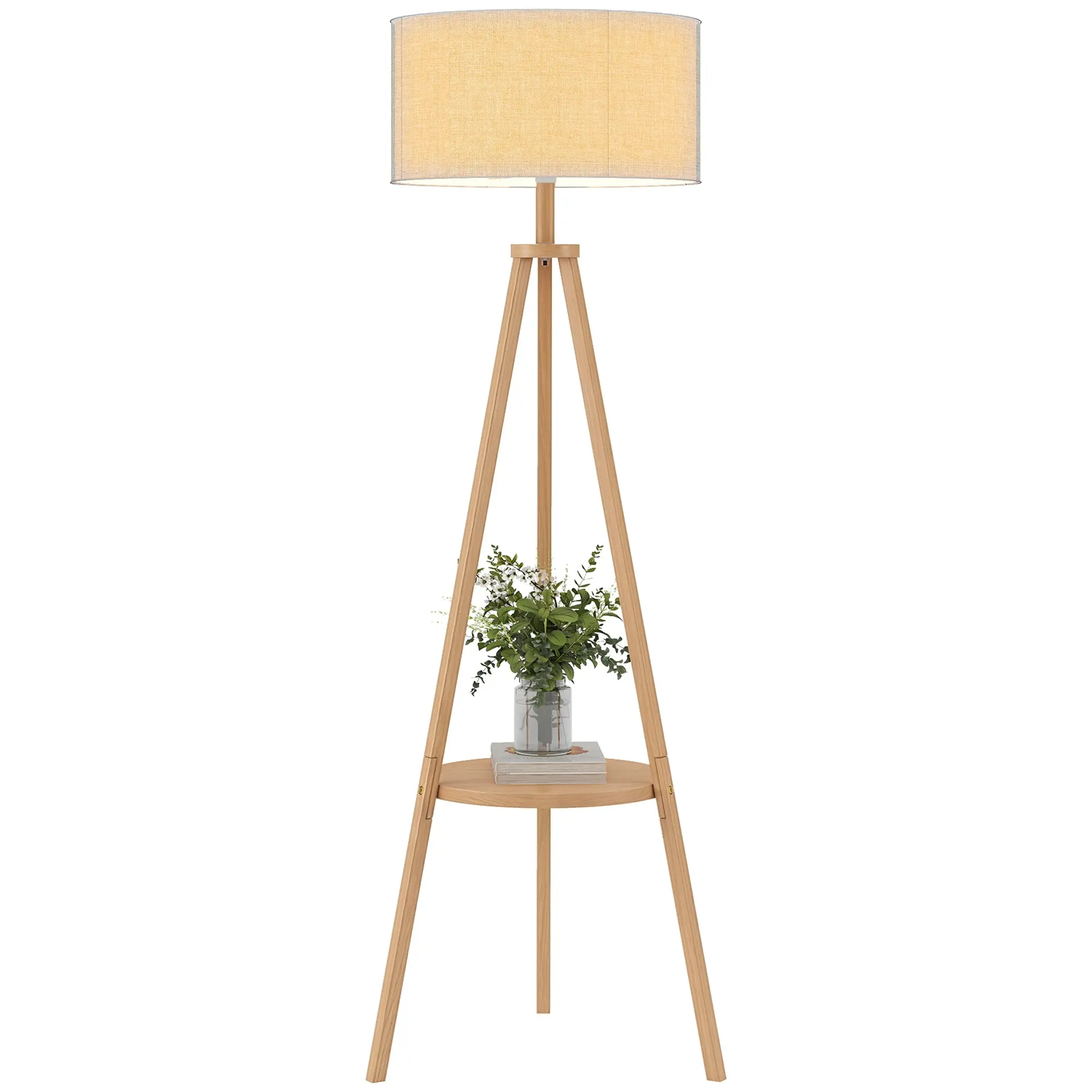 Tripod Floor Lamp with Storage Shelf & Linen-Look Shade, 160 cm, Natural Wood Colour