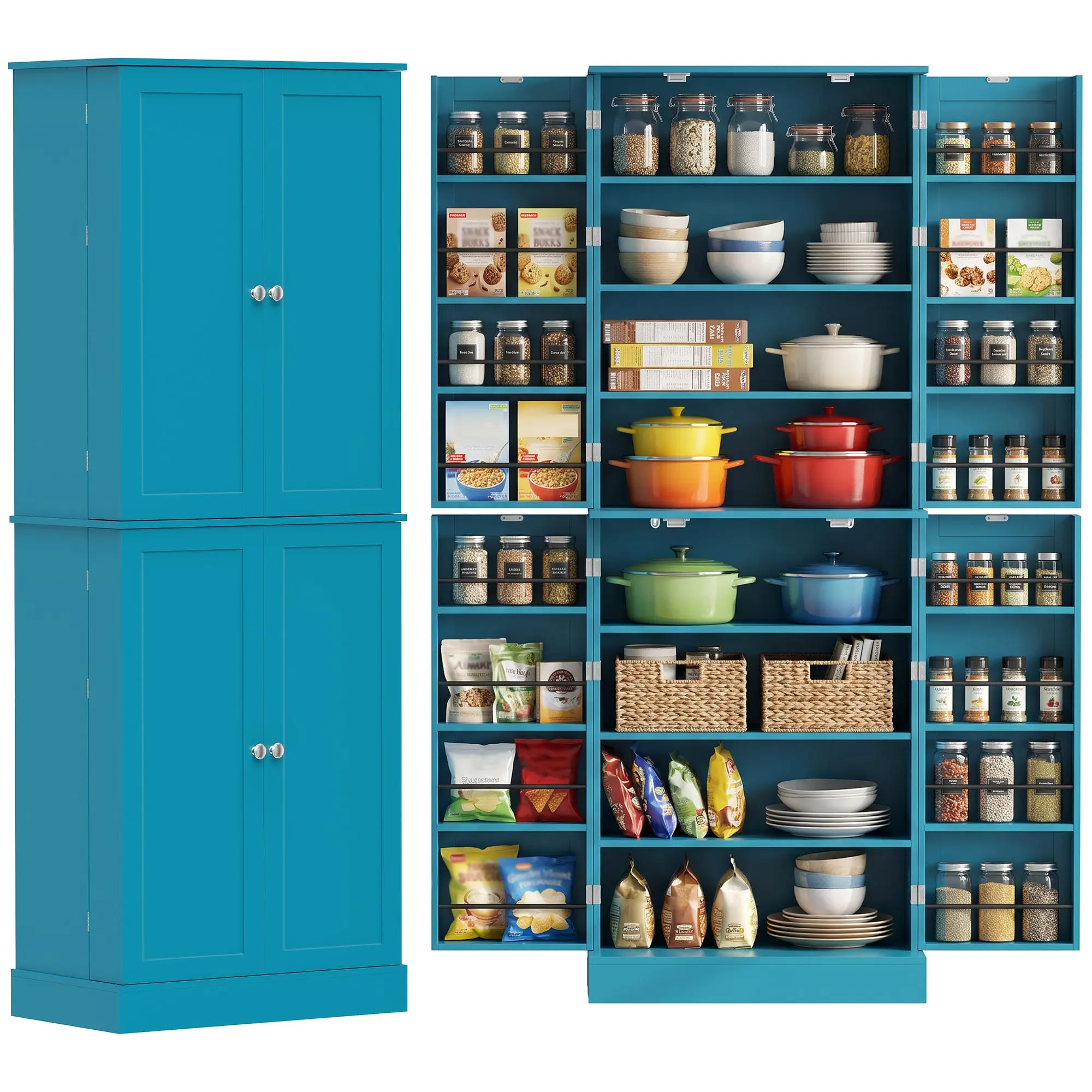 65" Kitchen Pantry Cabinet with 4 Doors and Adjustable Shelves, Blue