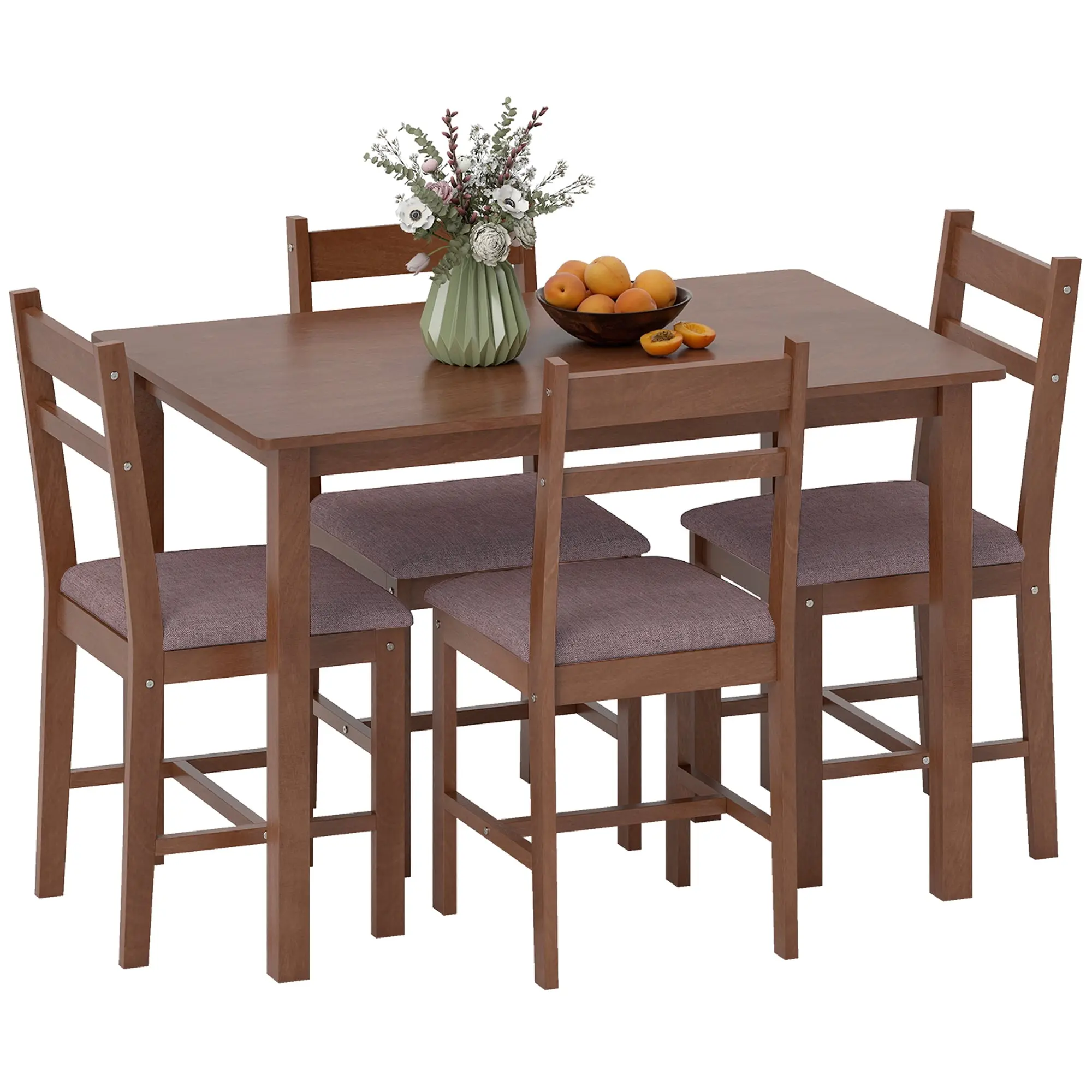 5-Piece Farmhouse Dining Table Set for 4 with Upholstered Chairs in Light Brown