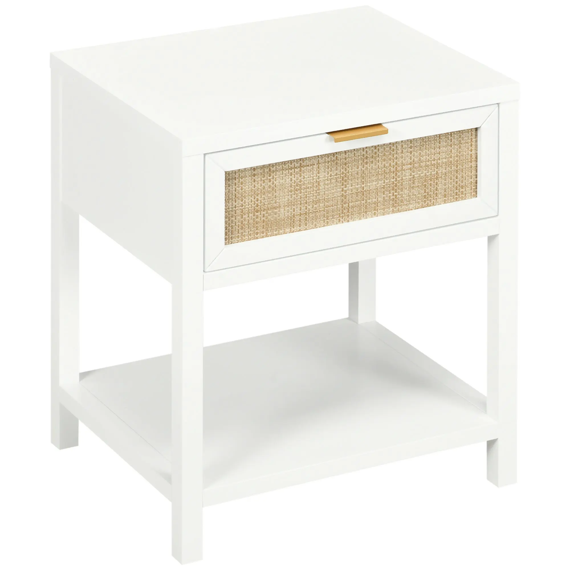 Boho Nightstand with Drawer & Open Shelf, Rattan Bedside Table for Bedroom, White