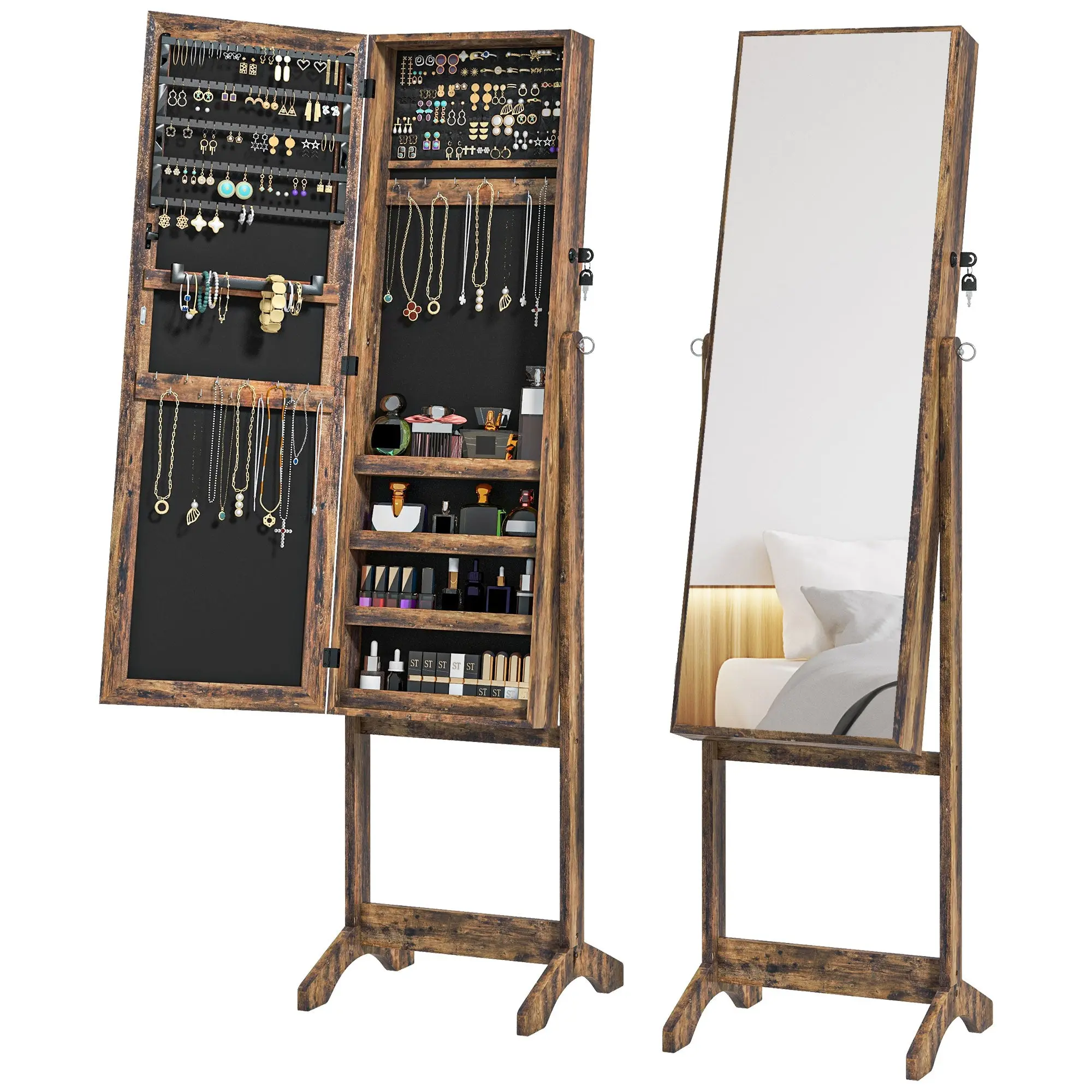 Standing Jewelry Organizer, Lockable Mirrorred Cabinet w/ 3 Adjustable Angles, Rustic Brown