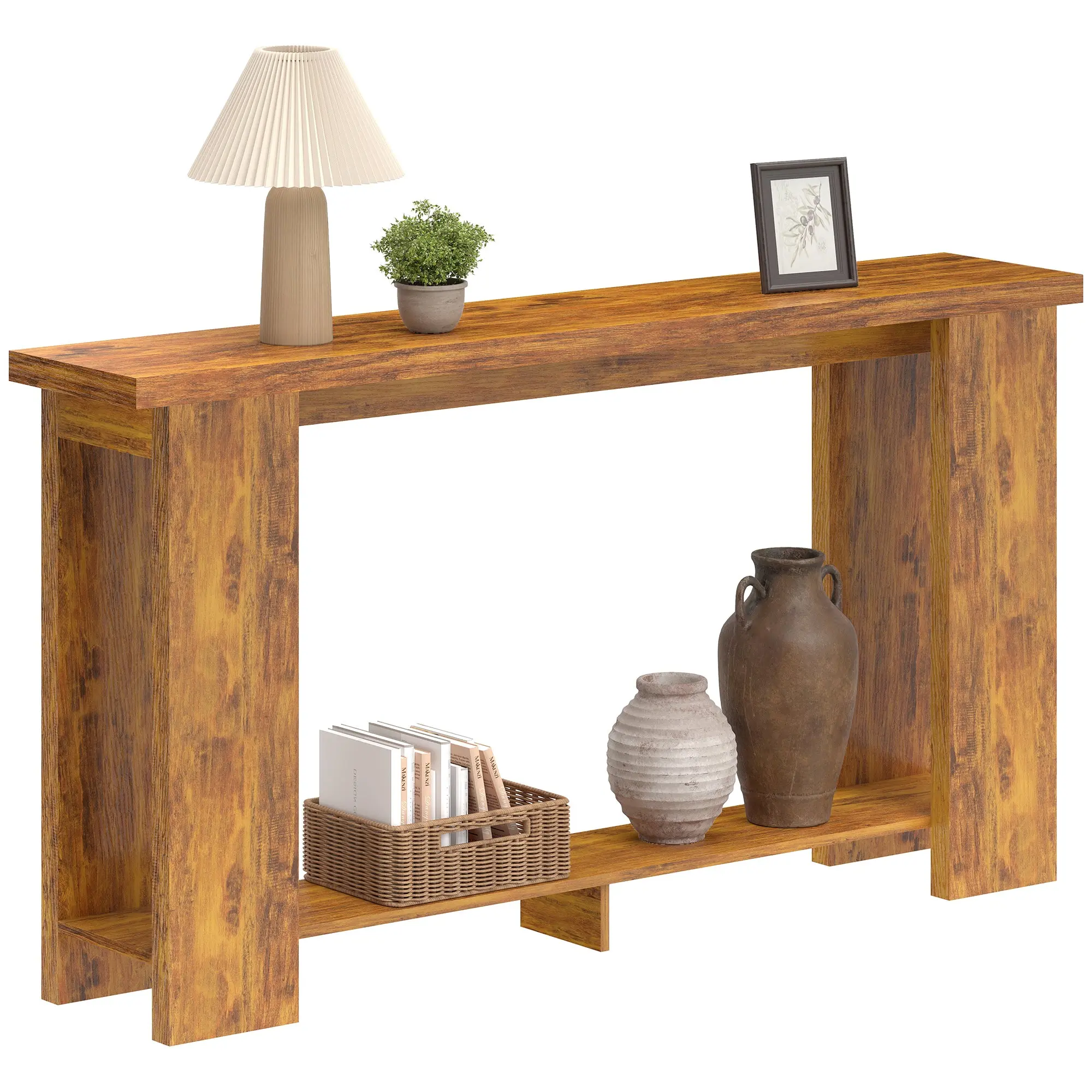 63" Farmhouse Console Table with Storage Shelf and Thickened Top, Distressed Brown