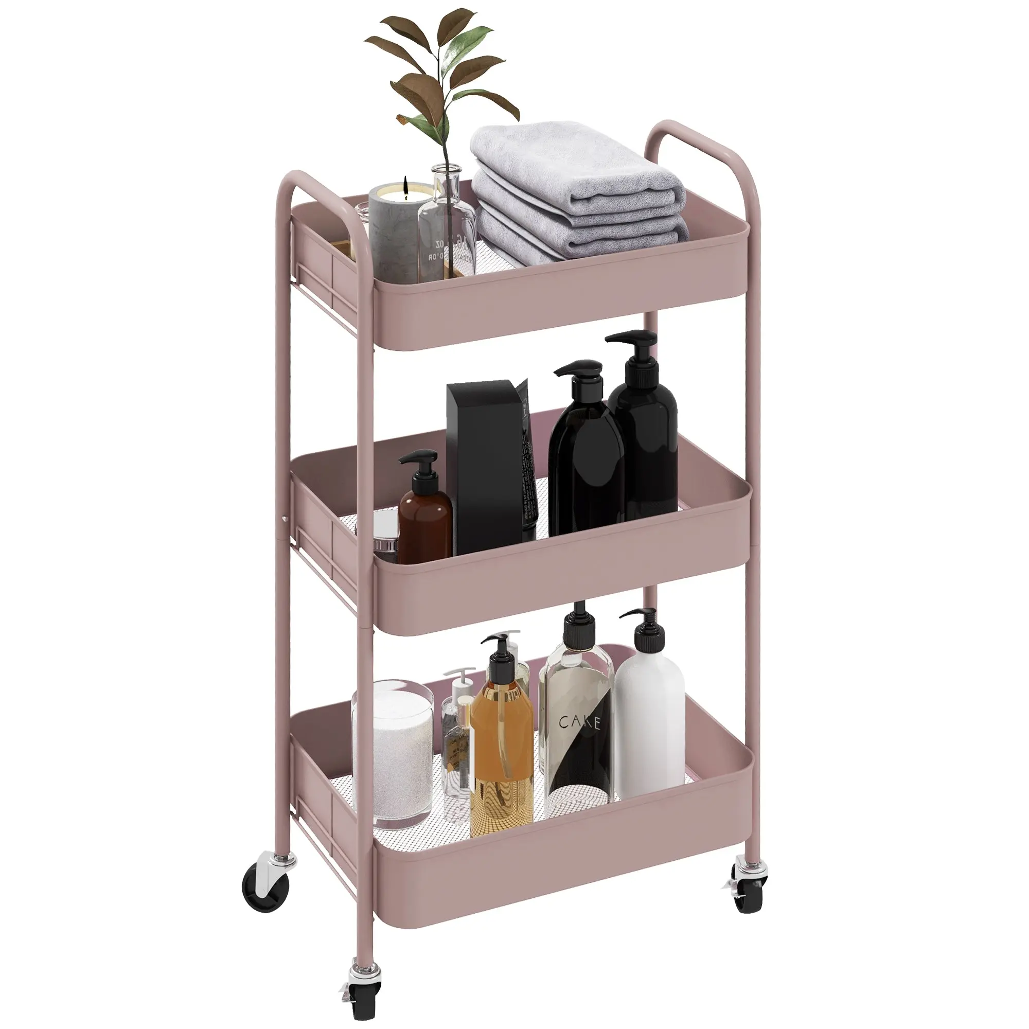 3-tier Storage Trolley on Wheels, Metal Storage Cart, Rolling Ultility Cart with 3 Mesh Baskets for Living Room, Kitchen, Pink