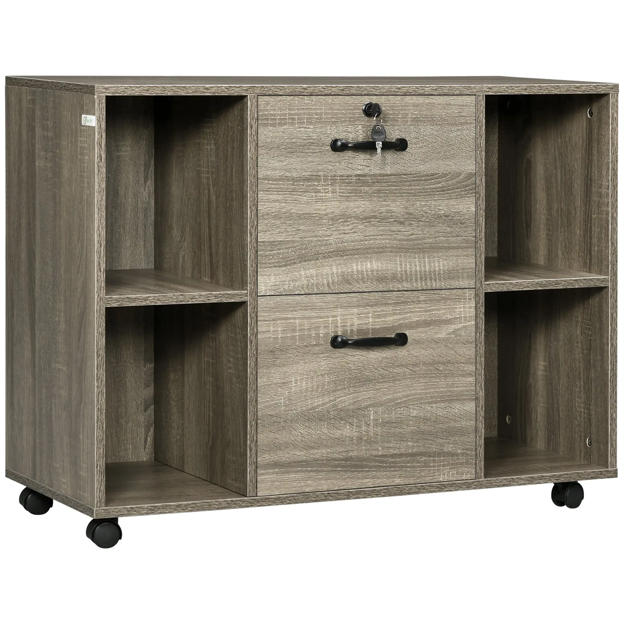 Mobile Lateral Filing Cabinet with Open Shelves, Wheels & Lockable Drawer, Grey