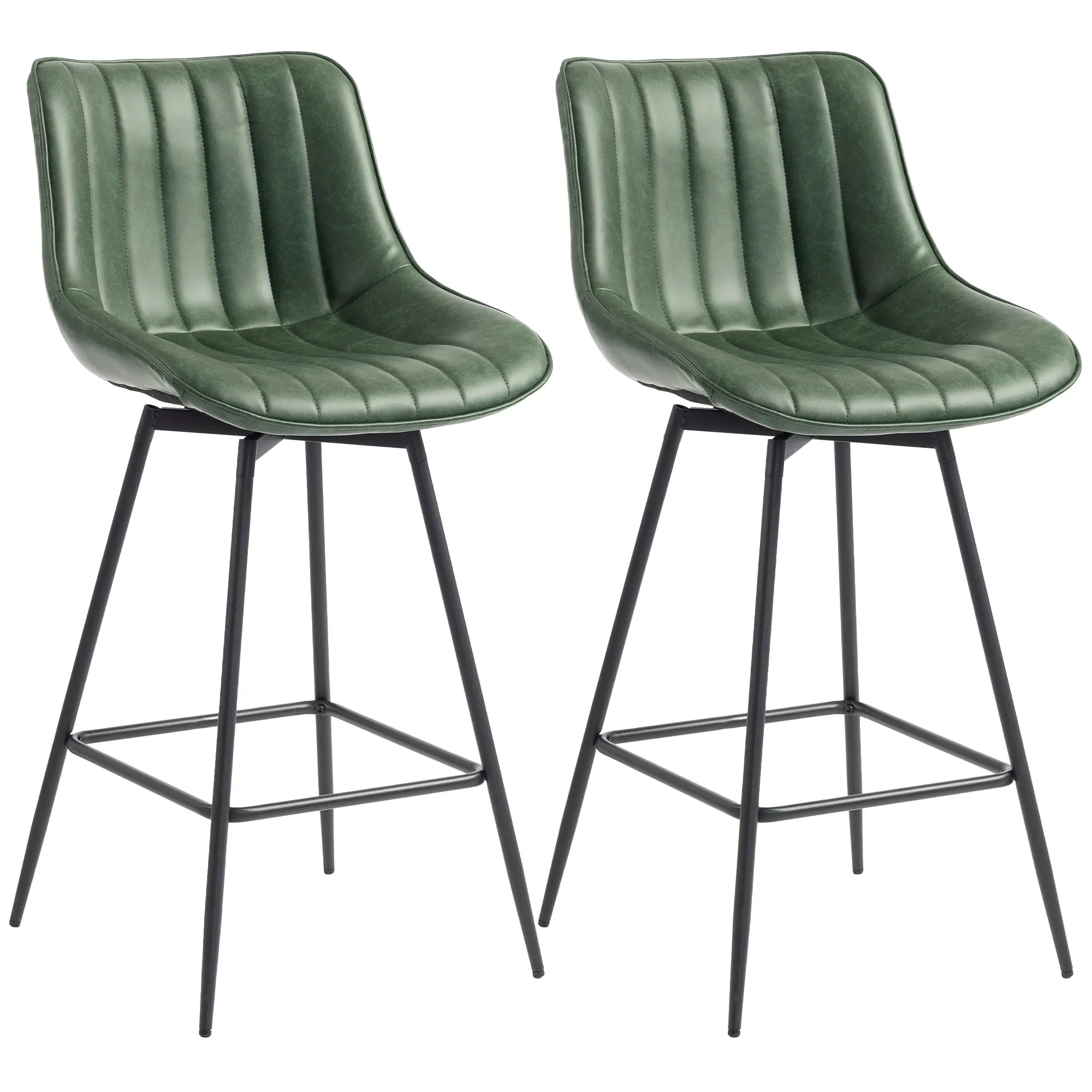 Height Adjustable Swivel Counter Stools Set of 2 with Backrest & Footrest, Textured Faux Leather, Dark Green