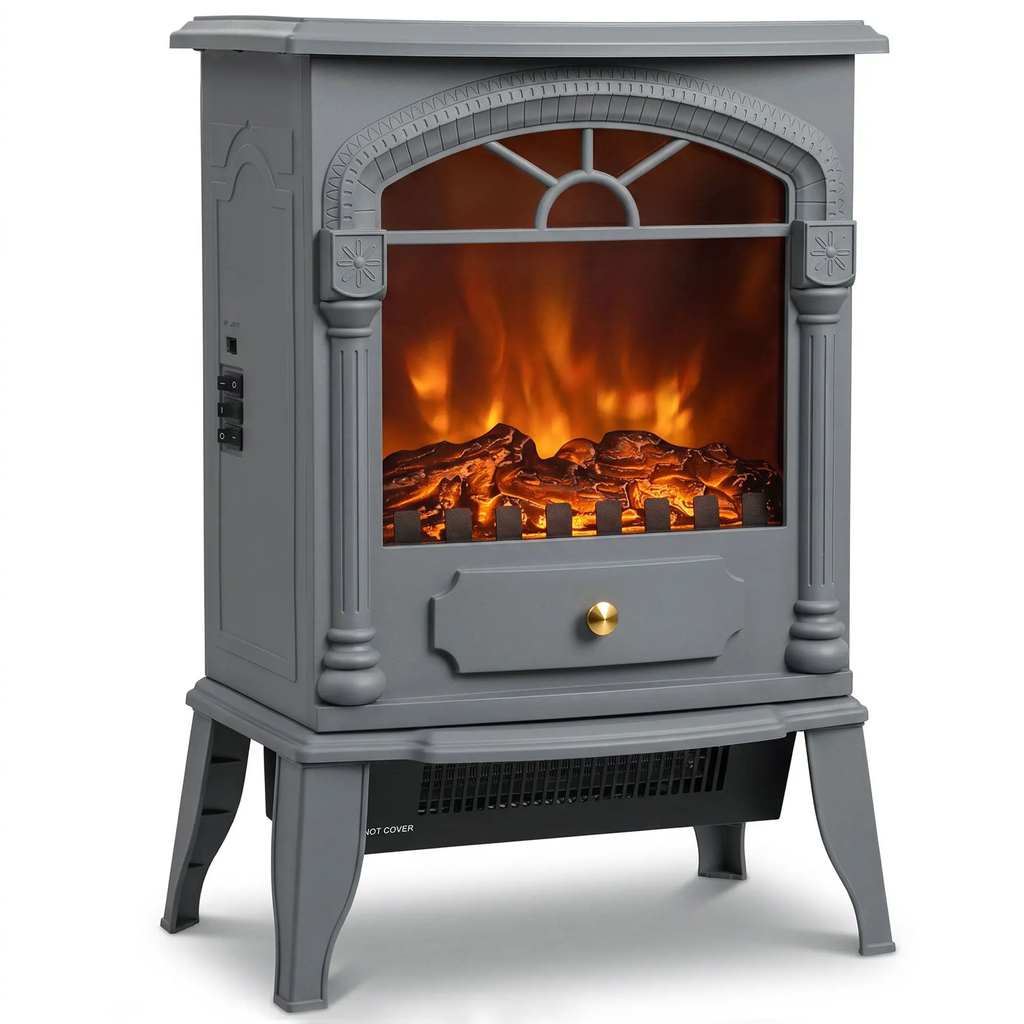 Freestanding Electric Stove Heater with 3D Flame, 2000/1000W, Thermostat, Grey