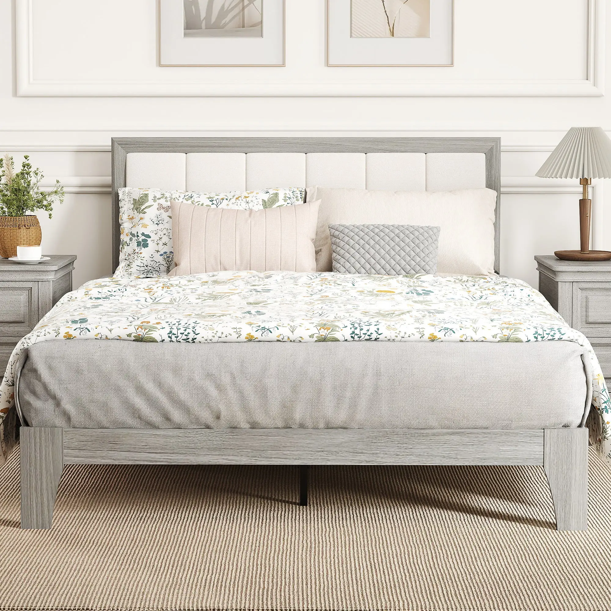 Full Size Bed Frame with Upholstered Headboard, No Box Spring Needed, Easy Assembly, Gray