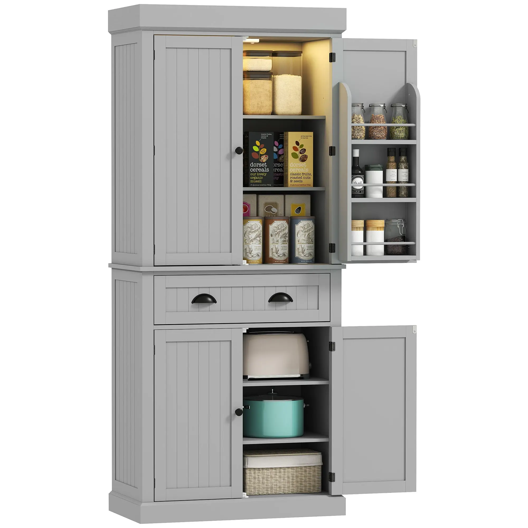 71" Tall Pantry Cabinet with LED Motion Sensor Light, Freestanding Kitchen Pantry with Adjustable Shelves, Grey
