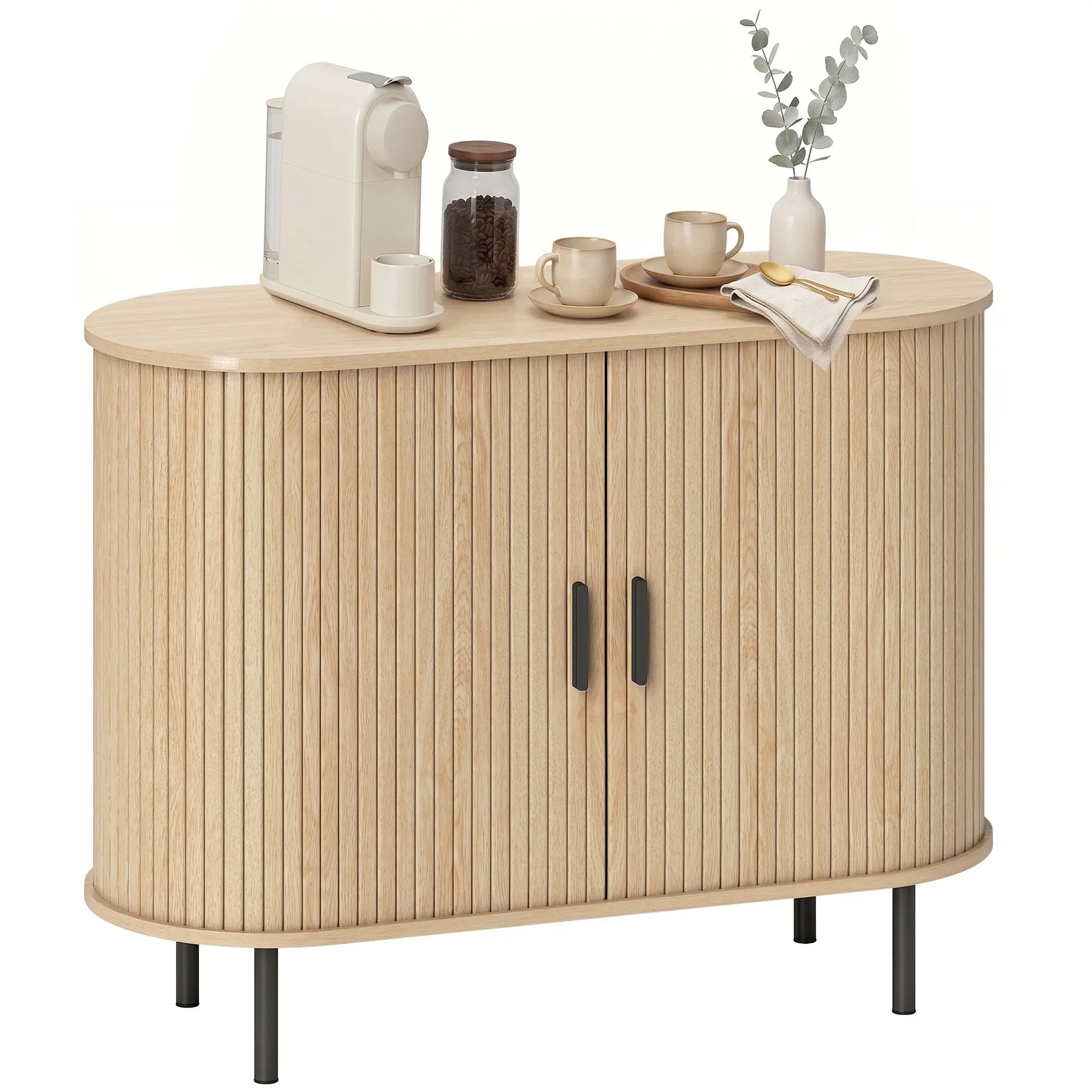 39.4" Sideboard with Curved Tambour Doors, Shelves & Side Slots, Natural Wood
