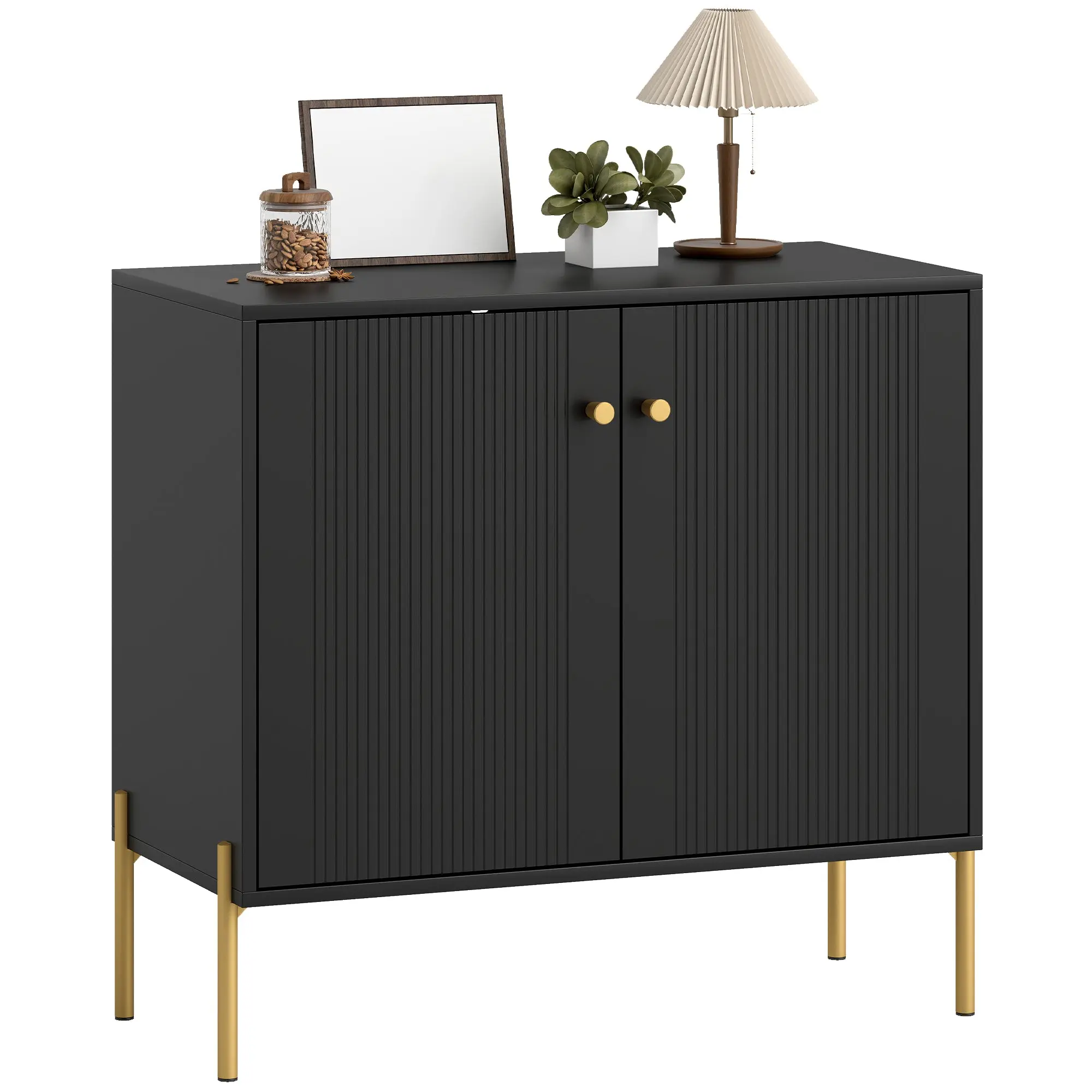 Sideboard Buffet with Fluted Doors, Adjustable Shelf & Steel Legs, Black