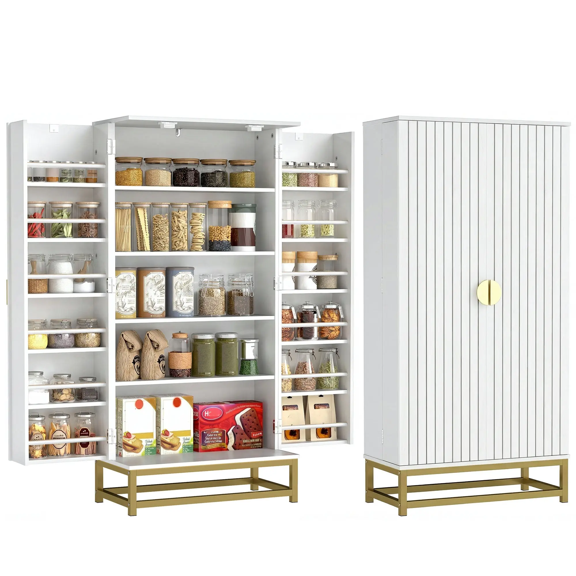 47" Kitchen Pantry Cabinet with 12 Door Shelves and Adjustable Shelves, White