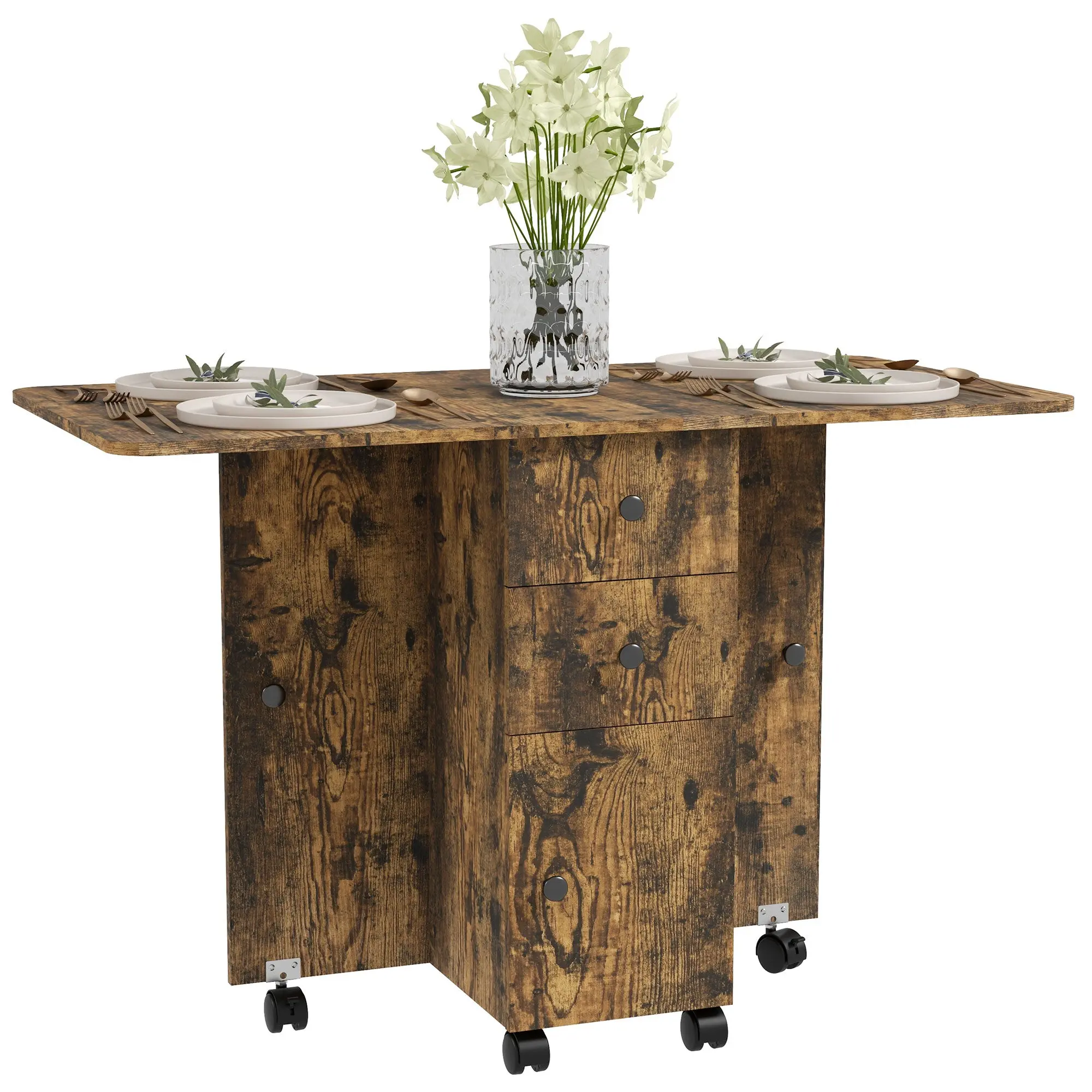 Foldable Dining Table, Rolling Kitchen Table with Storage Drawers & Cabinet, Drop Leaf Table on Wheels, Rustic Brown