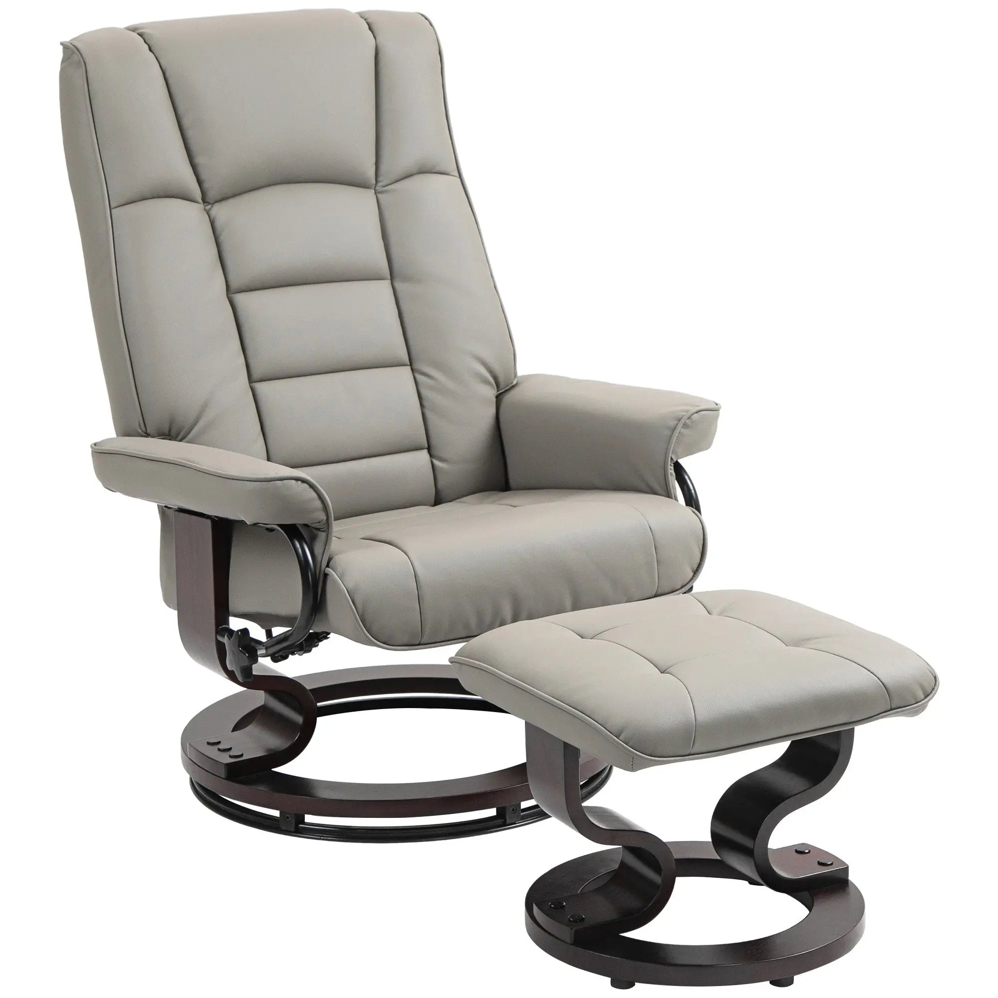 Faux Leather Reclining Chair with Ottoman, Tufted Back & Wood Frame, Gray