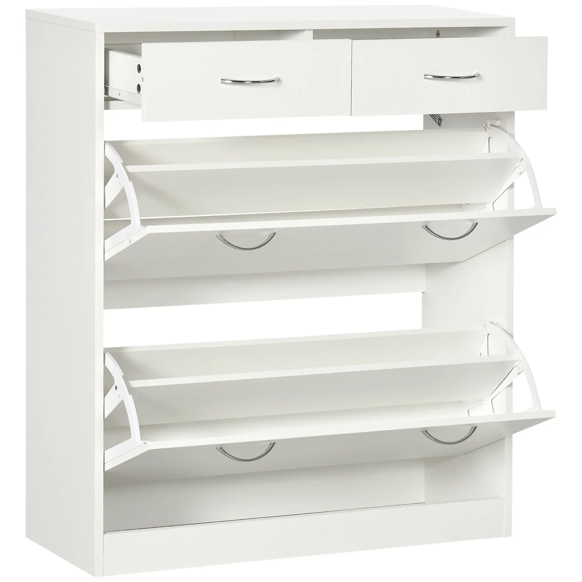 Narrow Shoe Cabinet with 2 Flip Drawers & Slide-Out Trays for 12 Pairs, White