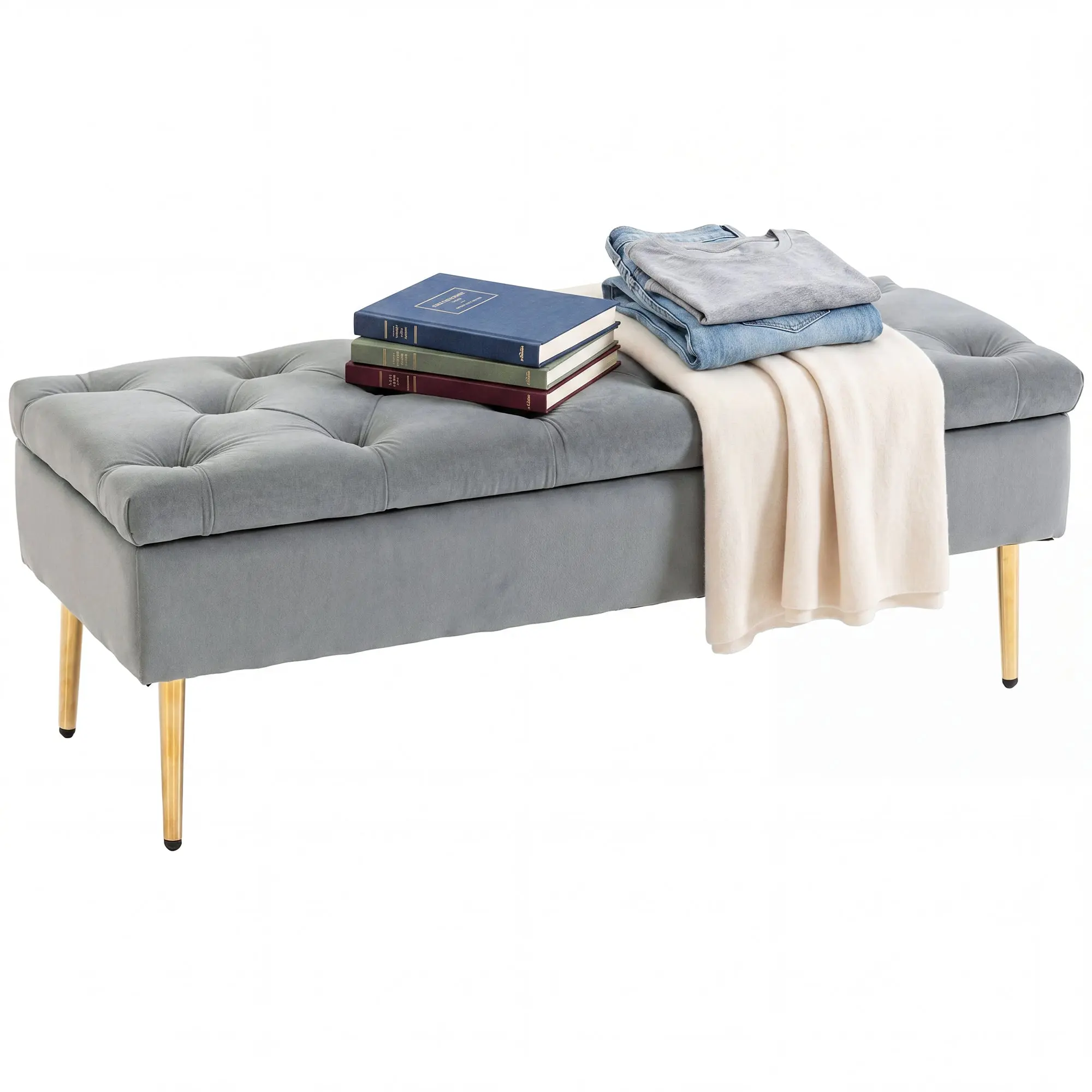 Velvet Tufted Storage Bench with Thick Padding and Gold Metal Legs, Grey