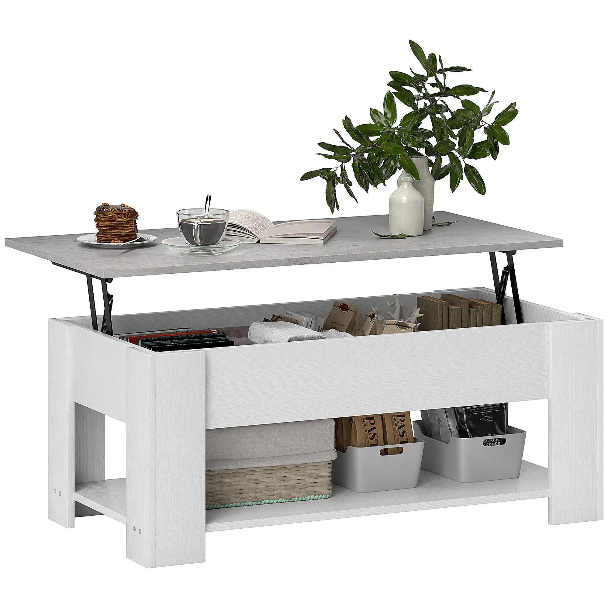 Lift Top Coffee Table with Hidden Storage & Open Shelf, White