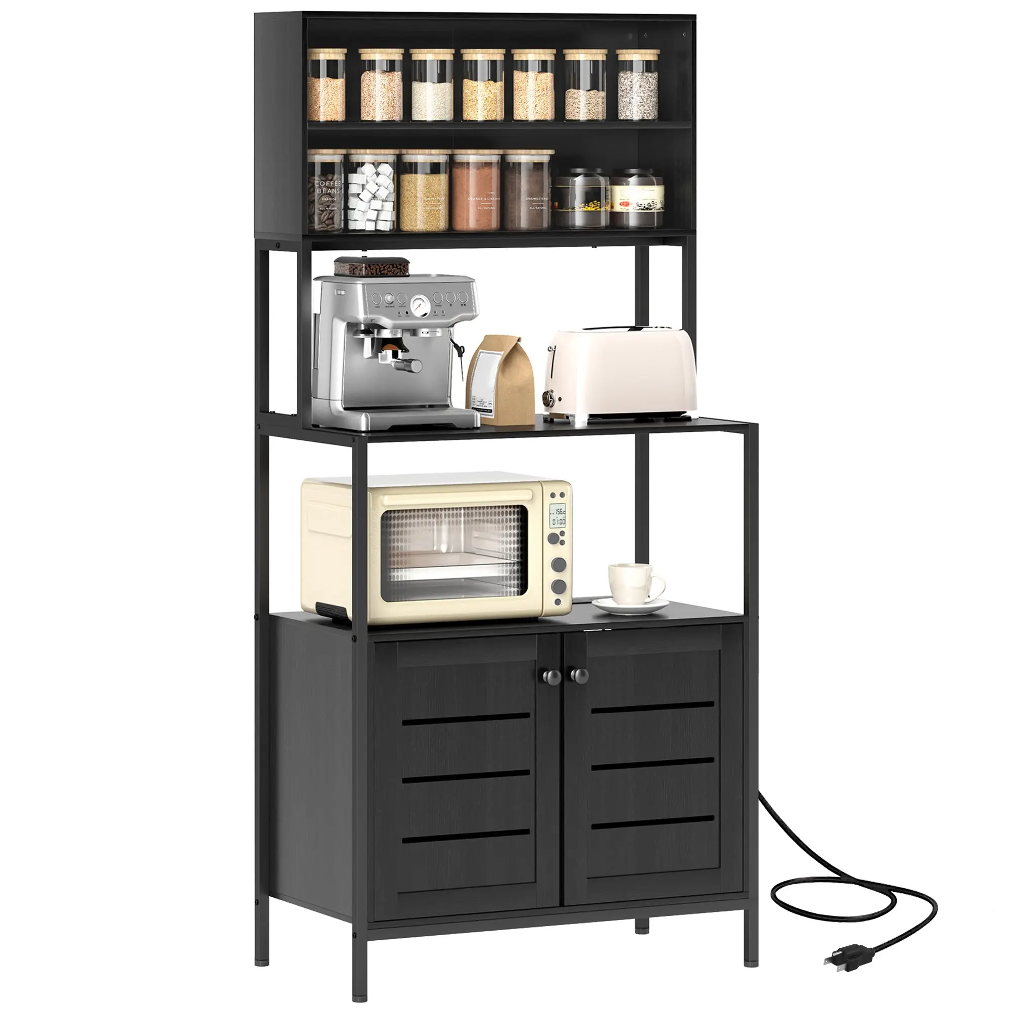 Baker's Rack with Power Outlet & Storage Shelves, Microwave Stand, Black