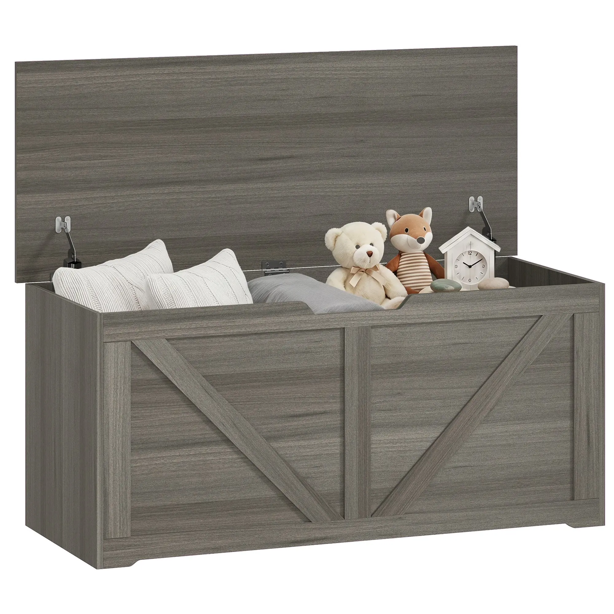 127L Storage Trunk Bench with Safety Hinges & U-Shaped Pull, Dark Grey Wood-Effect