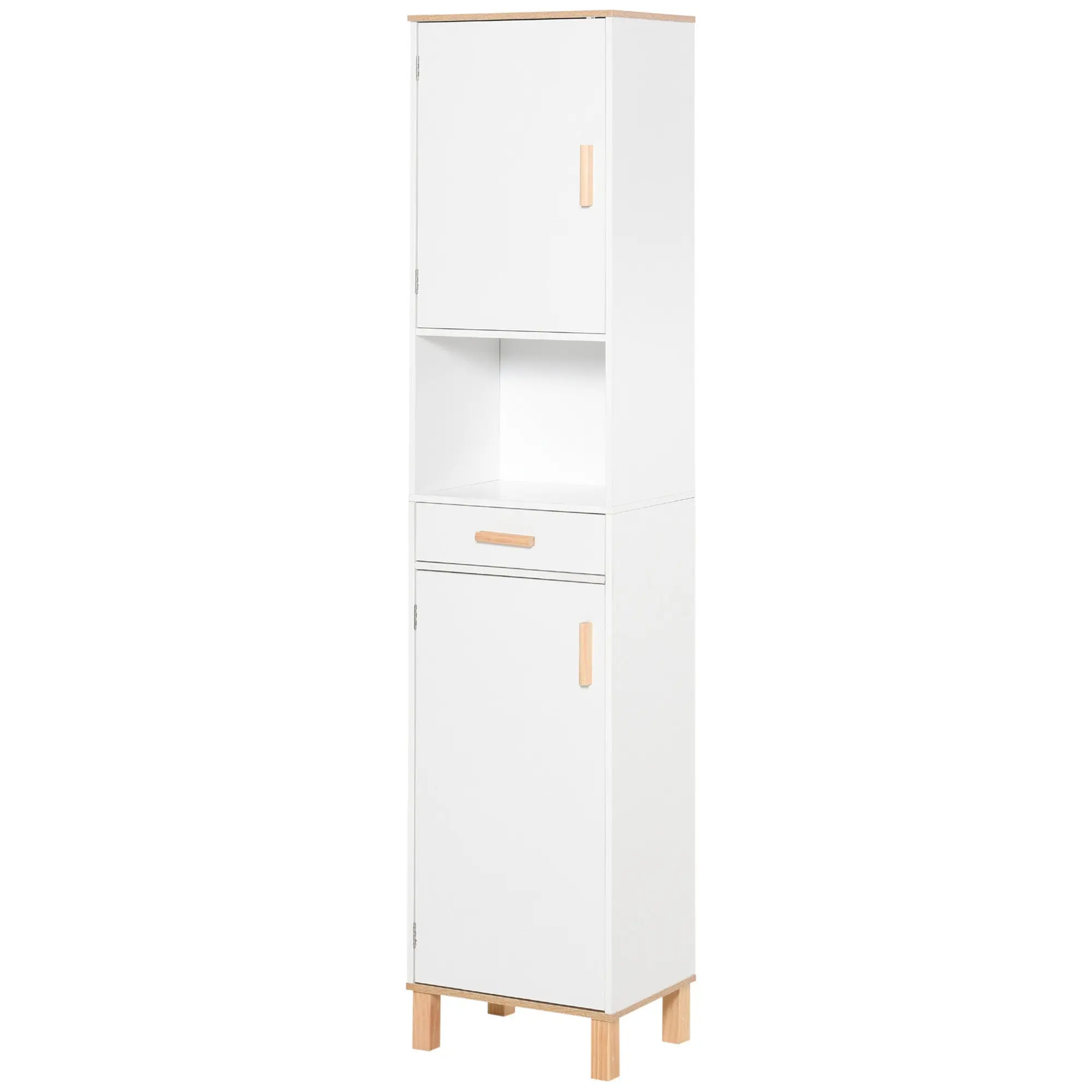 Freestanding Linen Tower, Slim Bathroom Cabinet with Doors, Open Shelf & Drawer, White