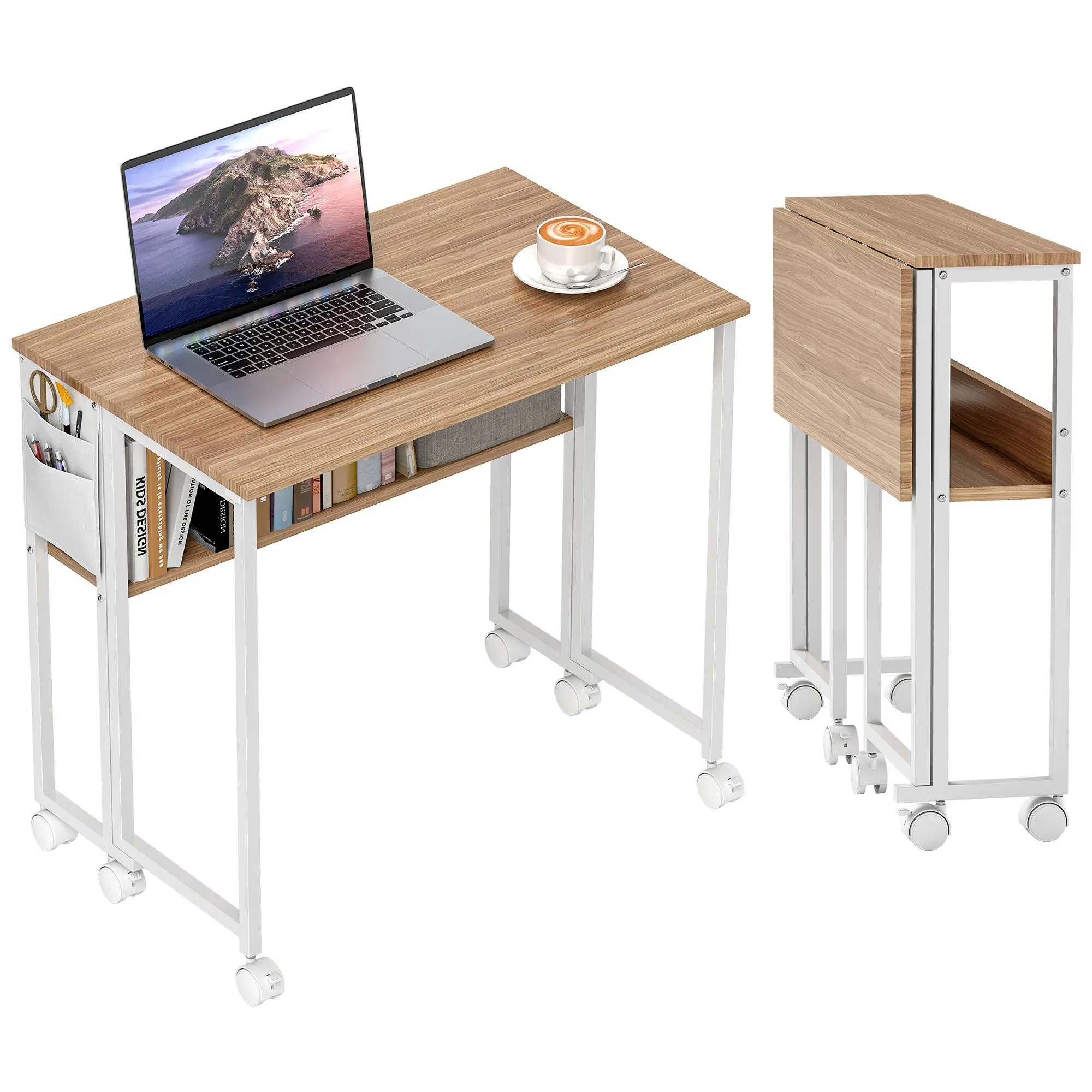 31.5" Foldable Computer Desk w/ Storage Bag & Shelf, Portable Writing Table on Wheels, Natural