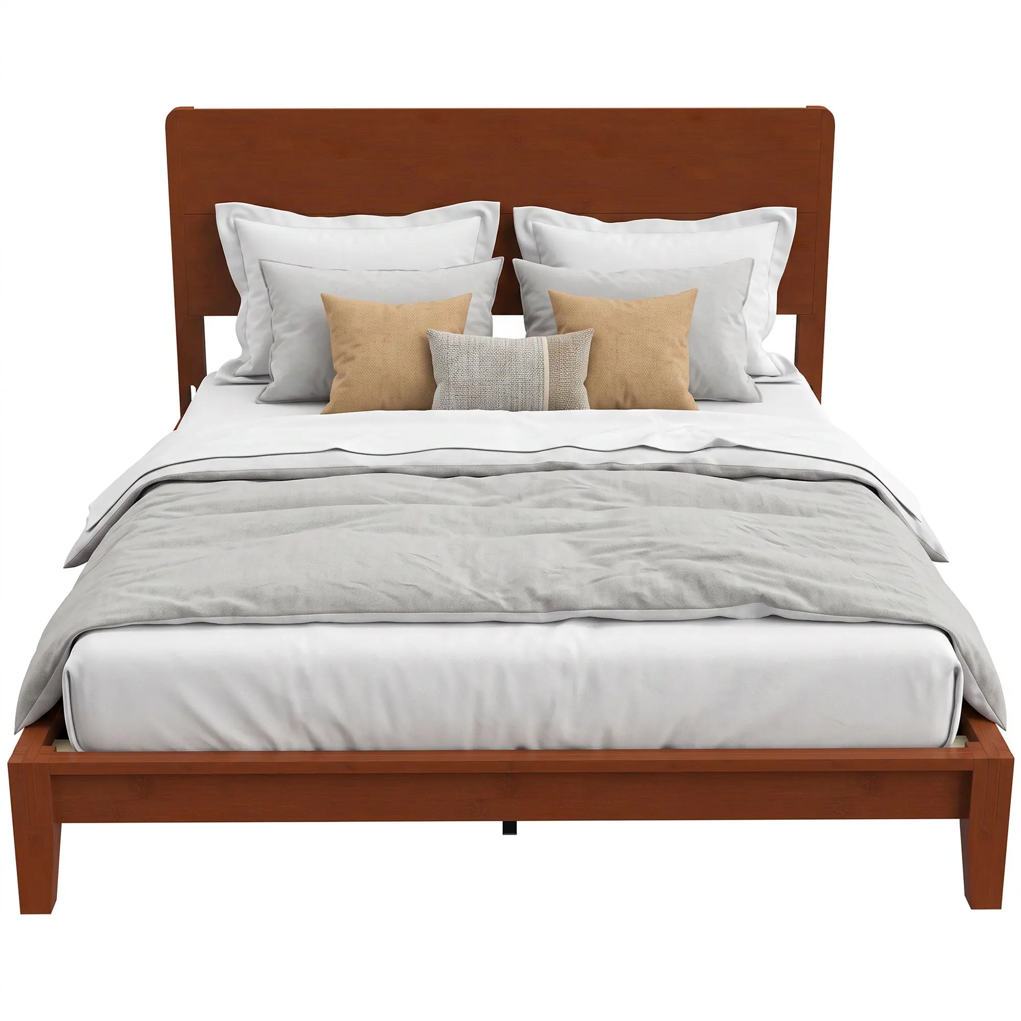 Queen Bamboo Platform Bed with Headboard, 12 Poplar Slats, No Box Spring, Brown
