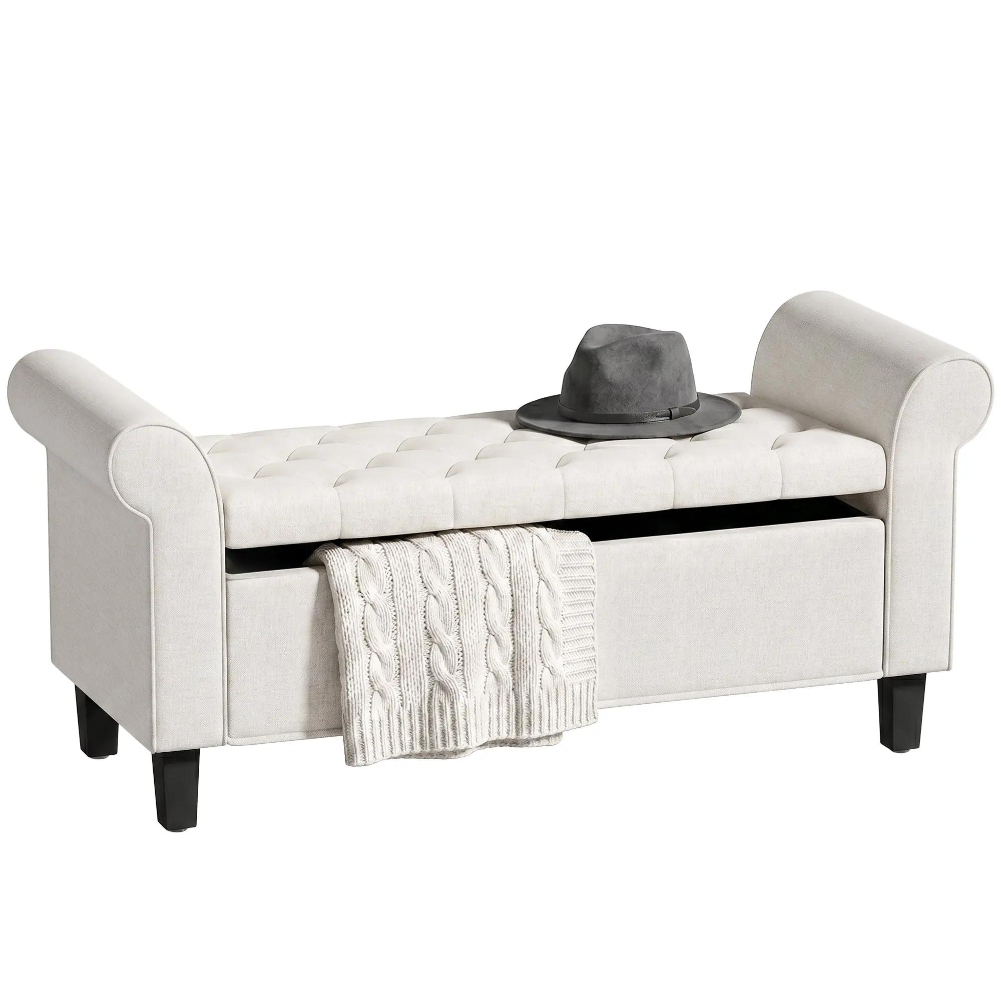 47" Tufted Upholstered Storage Ottoman Bench with Safety Hinge & Wooden Legs, Cream White