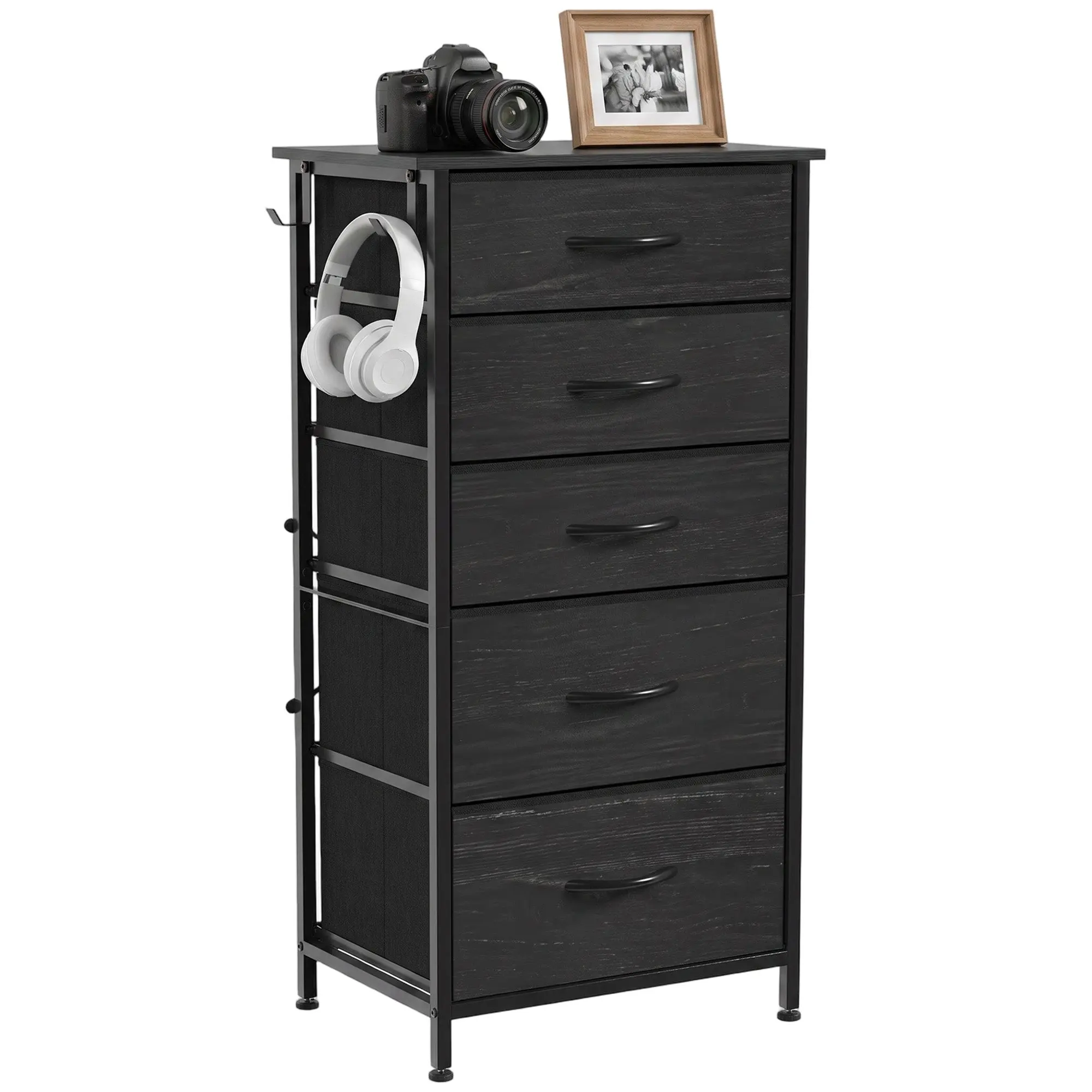 Tall Dresser with 5 Fabric Drawers, 4 Side Pockets and 2 Hooks, Black