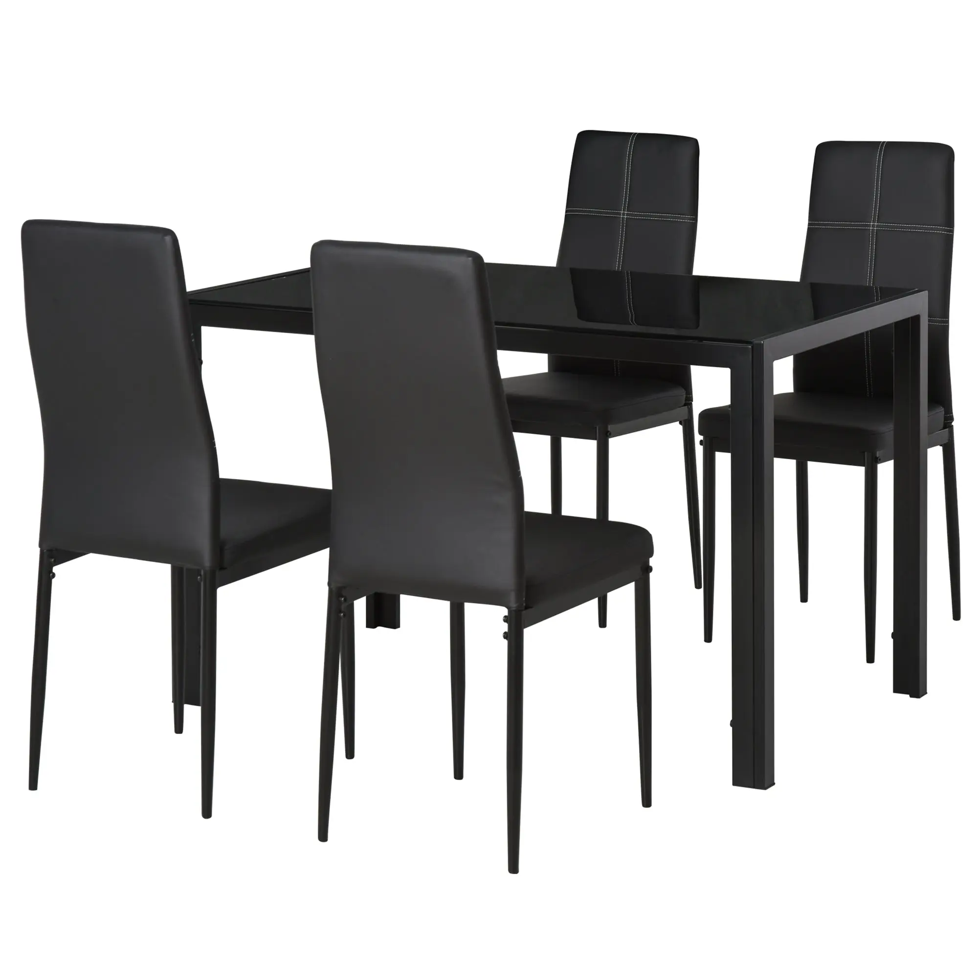 5-Piece Rectangular Glass Kitchen Table and 4 Faux Leather Chairs, Black