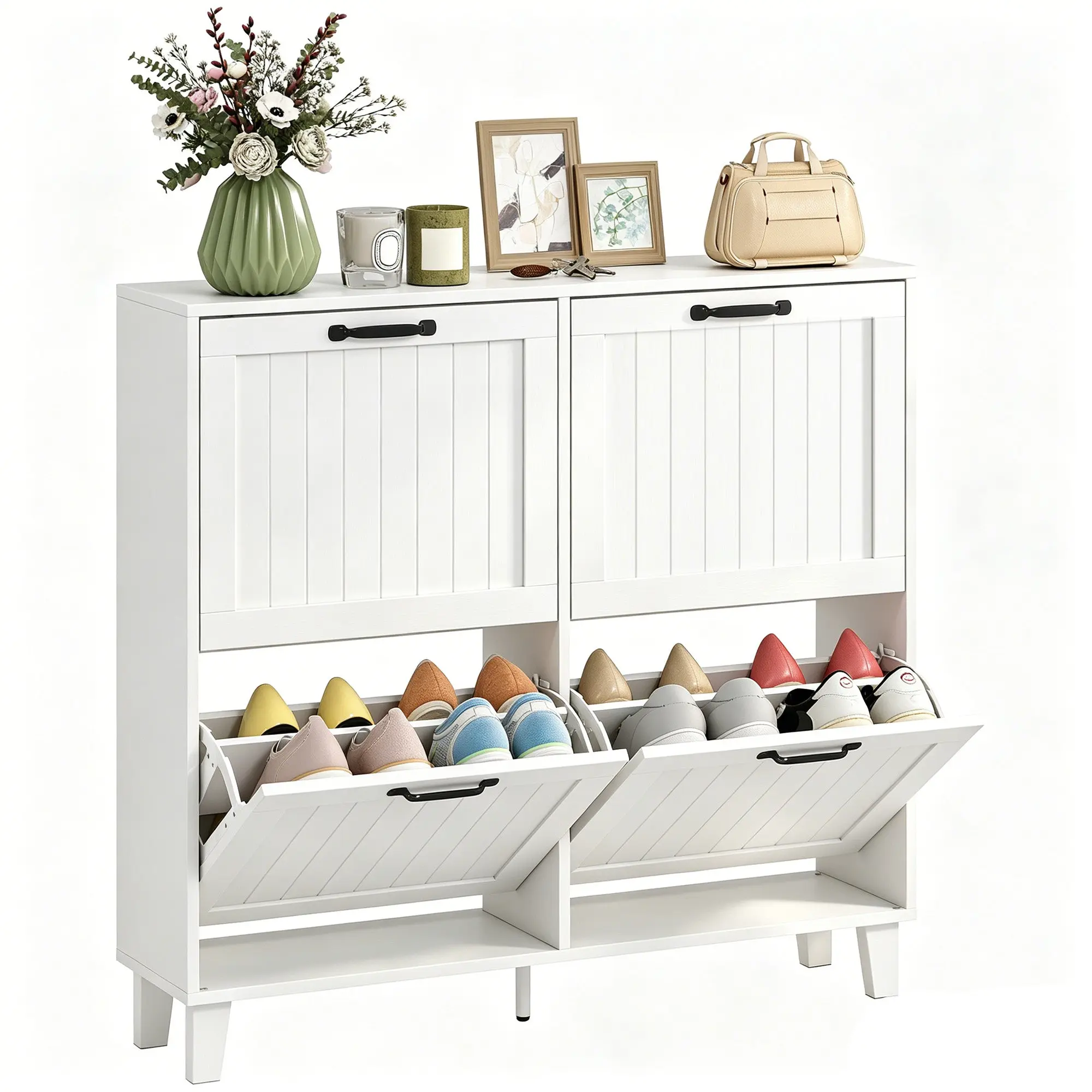 Narrow Shoe Cabinet with 4 Flip Drawers, Bamboo Legs, Holds up to 20 Pairs, White