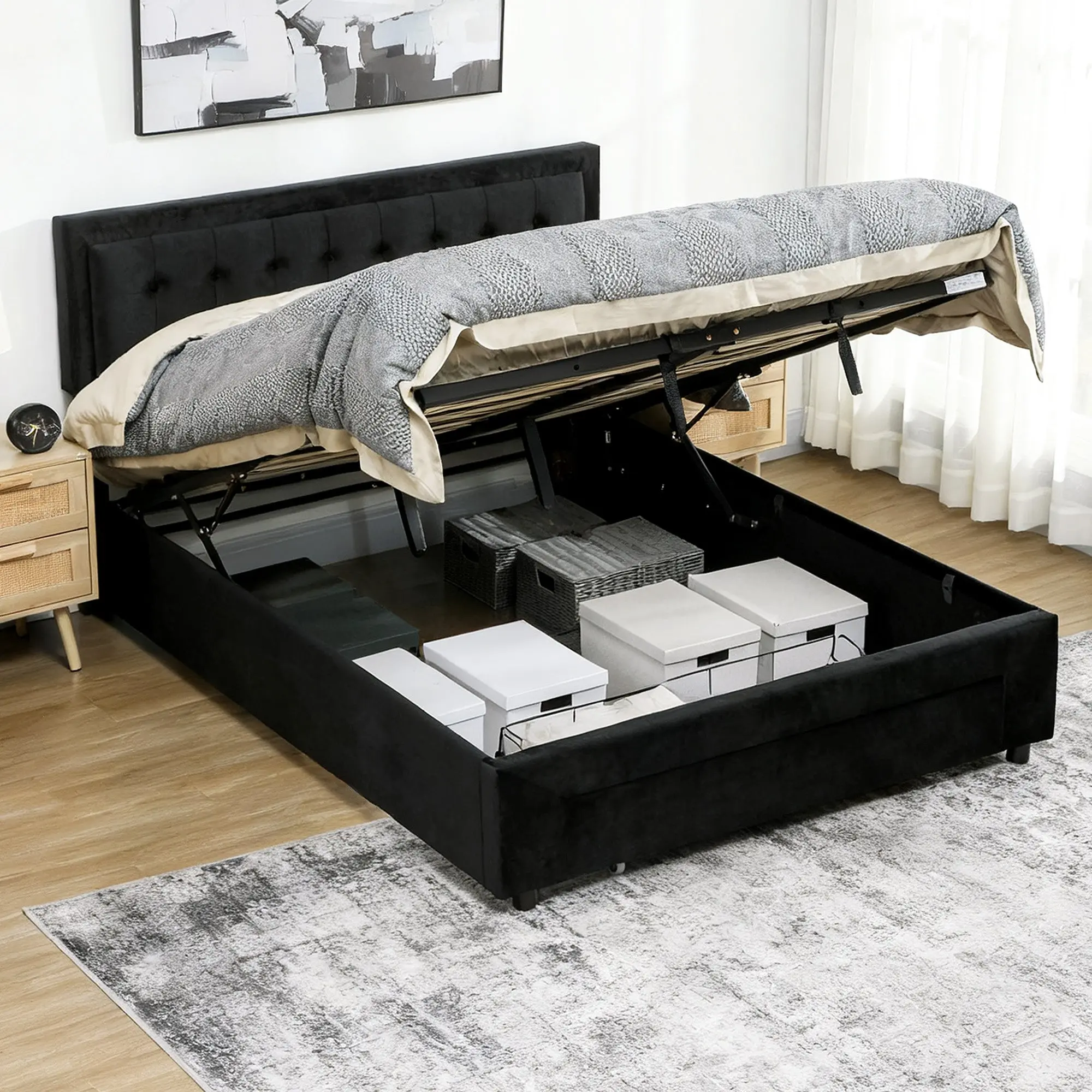 King Size Ottoman Bed Frame, 5ft Gas Lift Storage Bed with 2-Level Adjustable Velvet Upholstered Headboard, Wheeled Drawer and Wooden Slats, No Mattress, Black