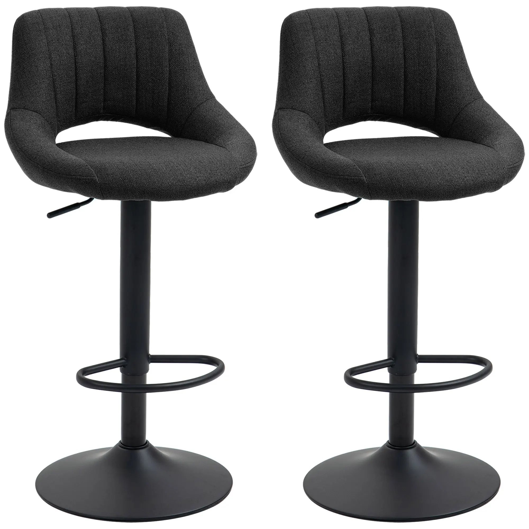 Set of 2 Adjustable Linen Swivel Bar Stools with Round Metal Base, Black