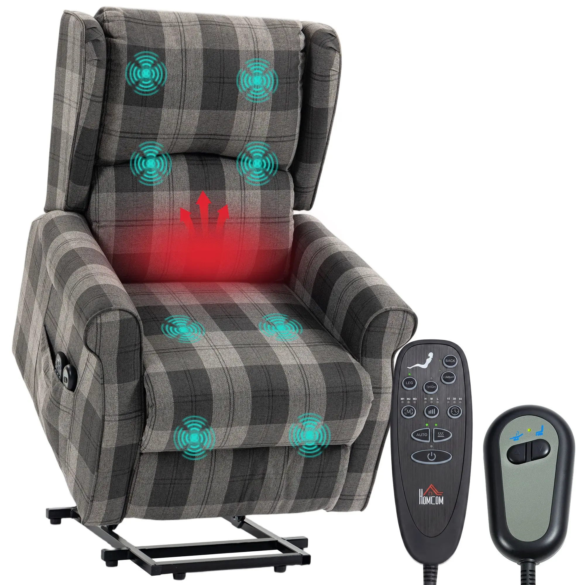 Power Lift Recliner Chair with Vibration Massage & Heat, Fabric Riser Armchair with Pocket Spring, Remote Control and Side Pockets, Grey