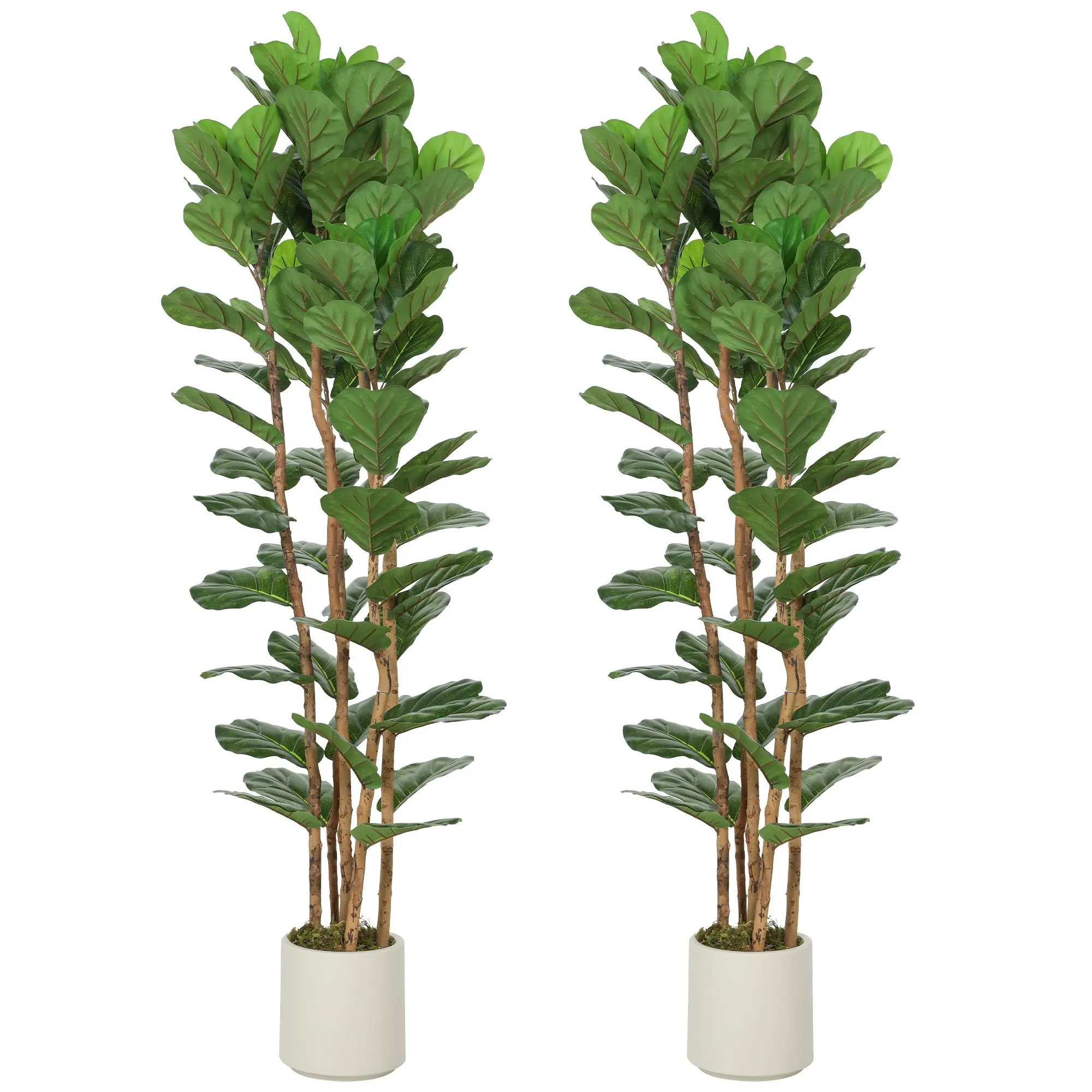 6FT Artificial Fiddle Leaf Fig Tree Set of 2 with Solid Wood Trunks, Lifelike Fake Tree with 91 Leaves in Pot, Green