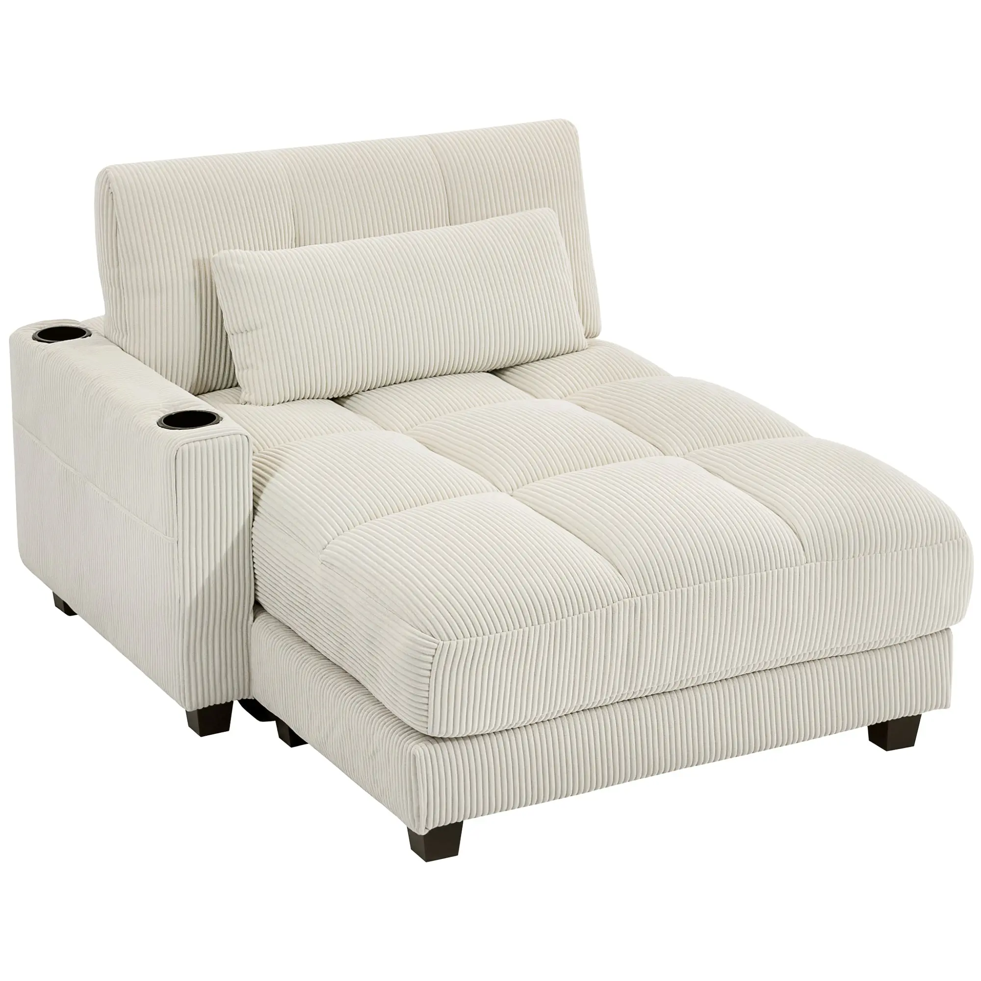 58" Chaise Sofa Bed in Oversized Corduroy, 2 Cup Holders & Pillow, Cream White