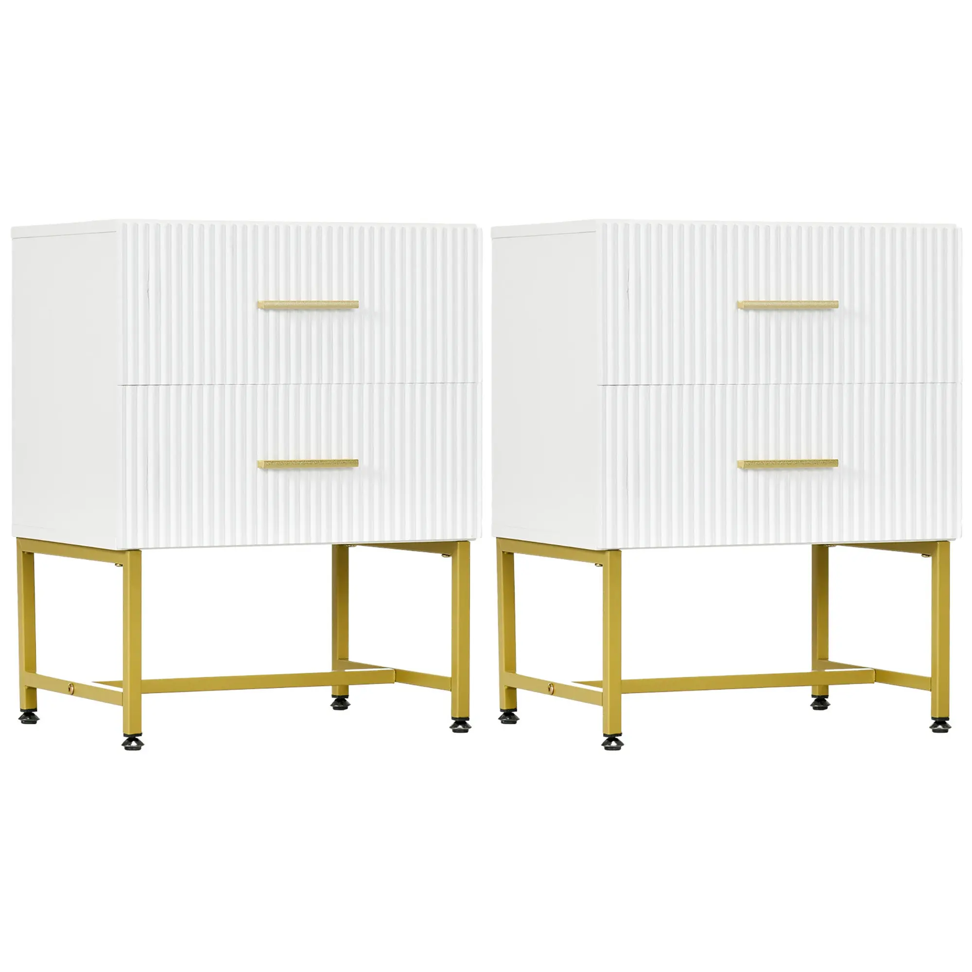 Modern Nightstands Set of 2, Bedside Tables with 2 Drawers and Fluted Panels, White
