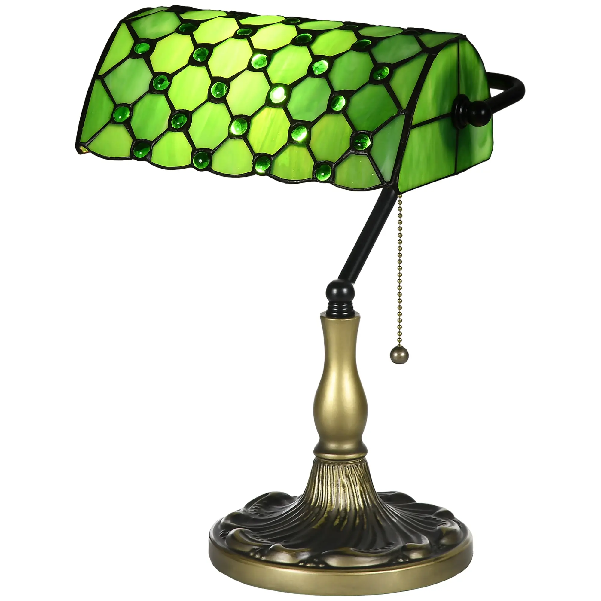 Stained Glass Table Lamp, Vintage Lamp with Green Handmade Shade for Home Decoration