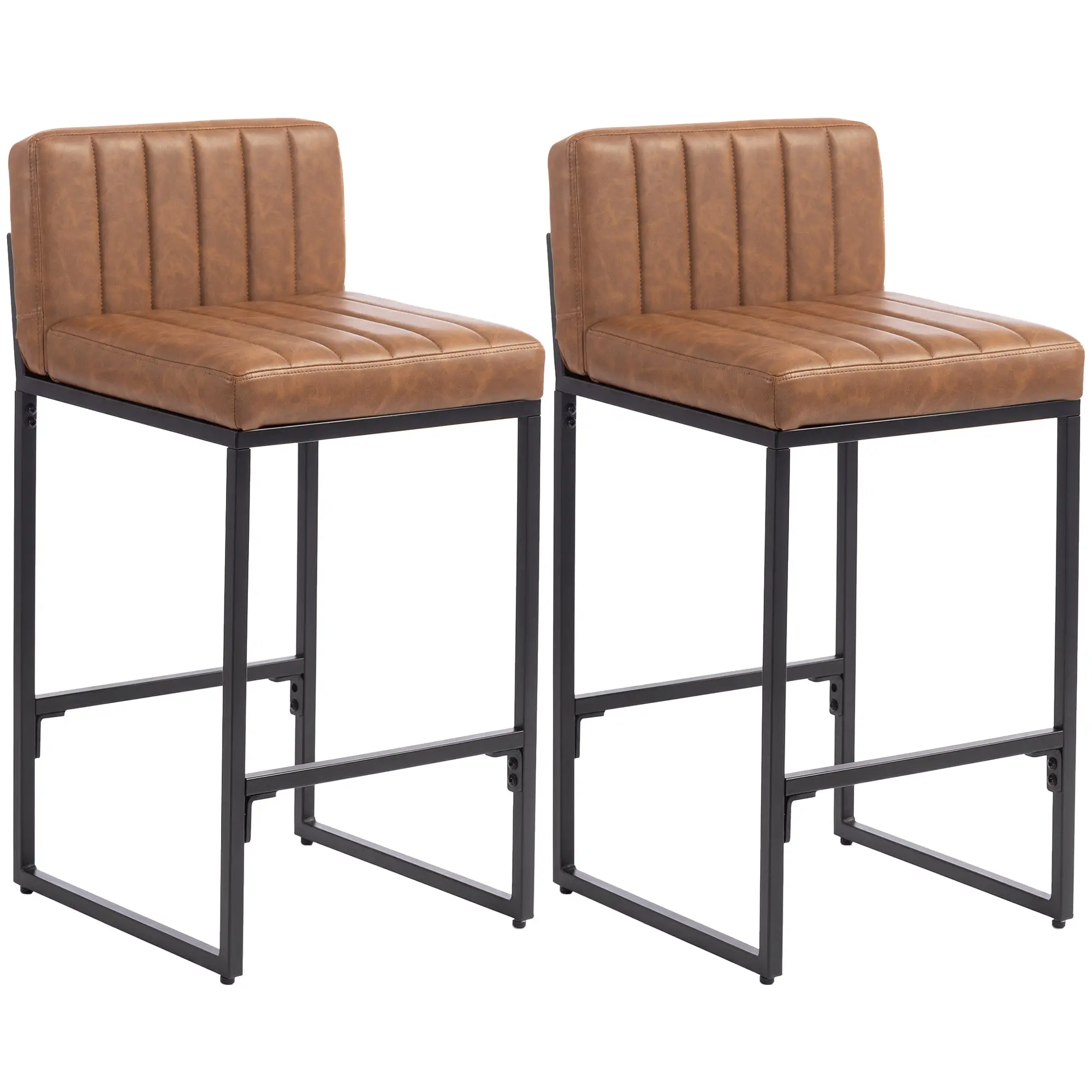 Set of 2 Counter Height Bar Stools with Padded Back, Metal Legs, PU Leather