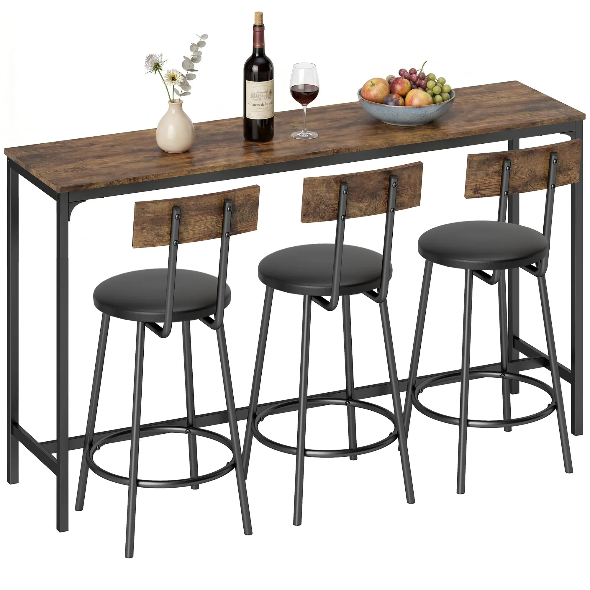 4-Piece Counter Height Pub Table Set with 3 Upholstered Stools, Rustic Brown