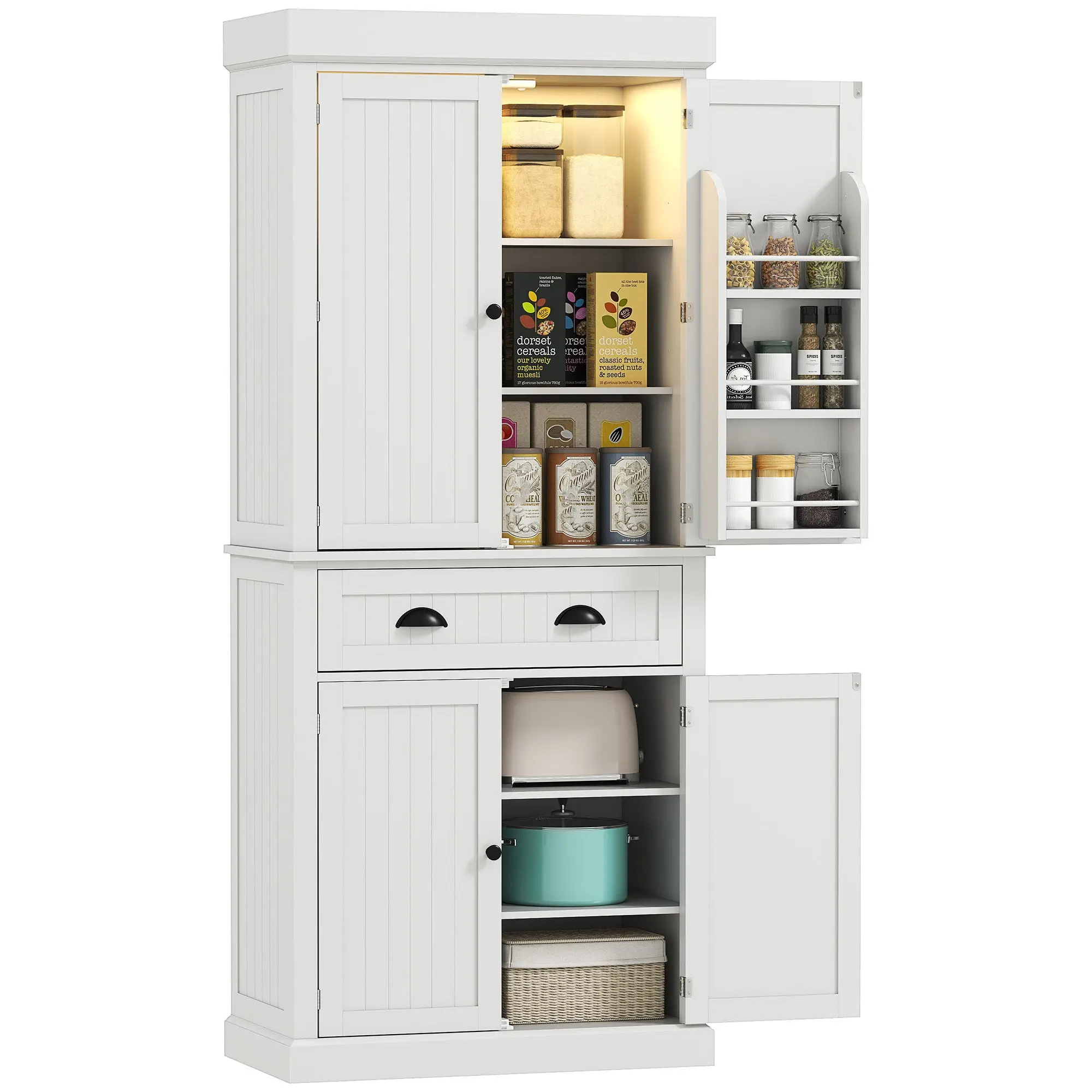 71" Tall Pantry Cabinet with LED Motion Sensor Light, Freestanding Kitchen Pantry with Adjustable Shelves, White
