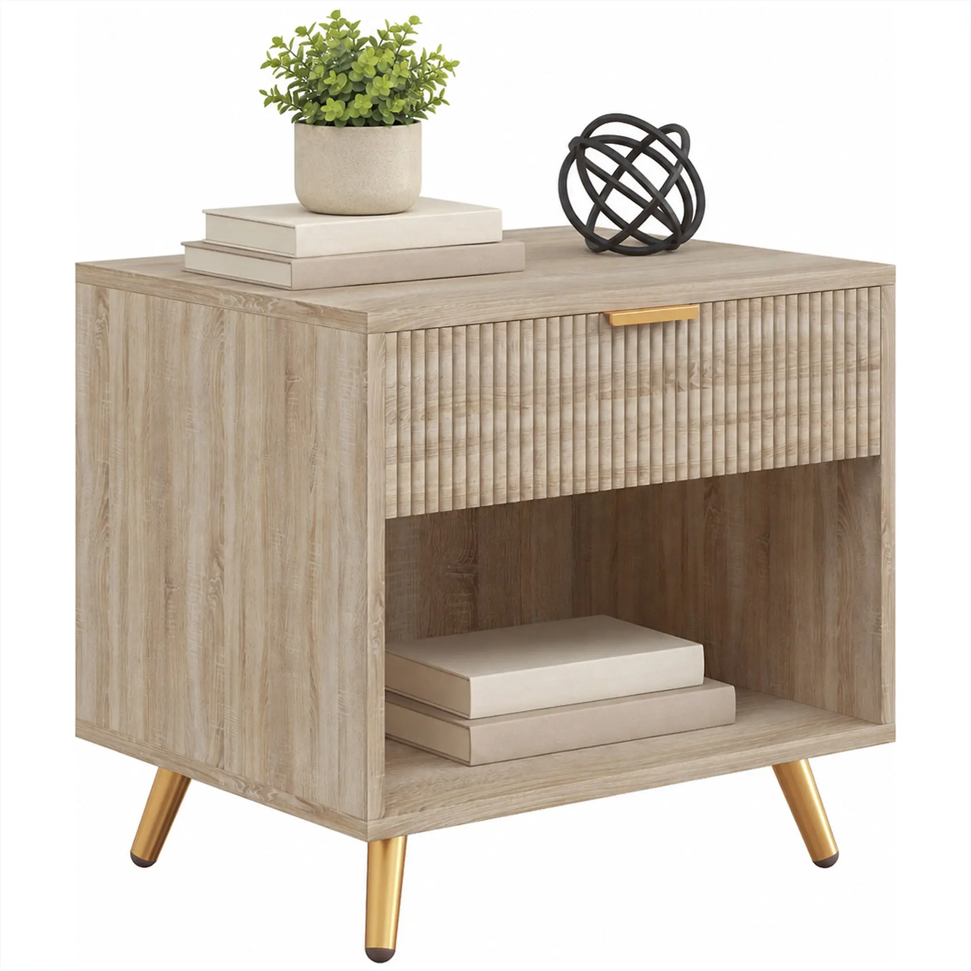 Bedside Table with Drawer & Open Compartment, Nightstand, Natural Wood Finish