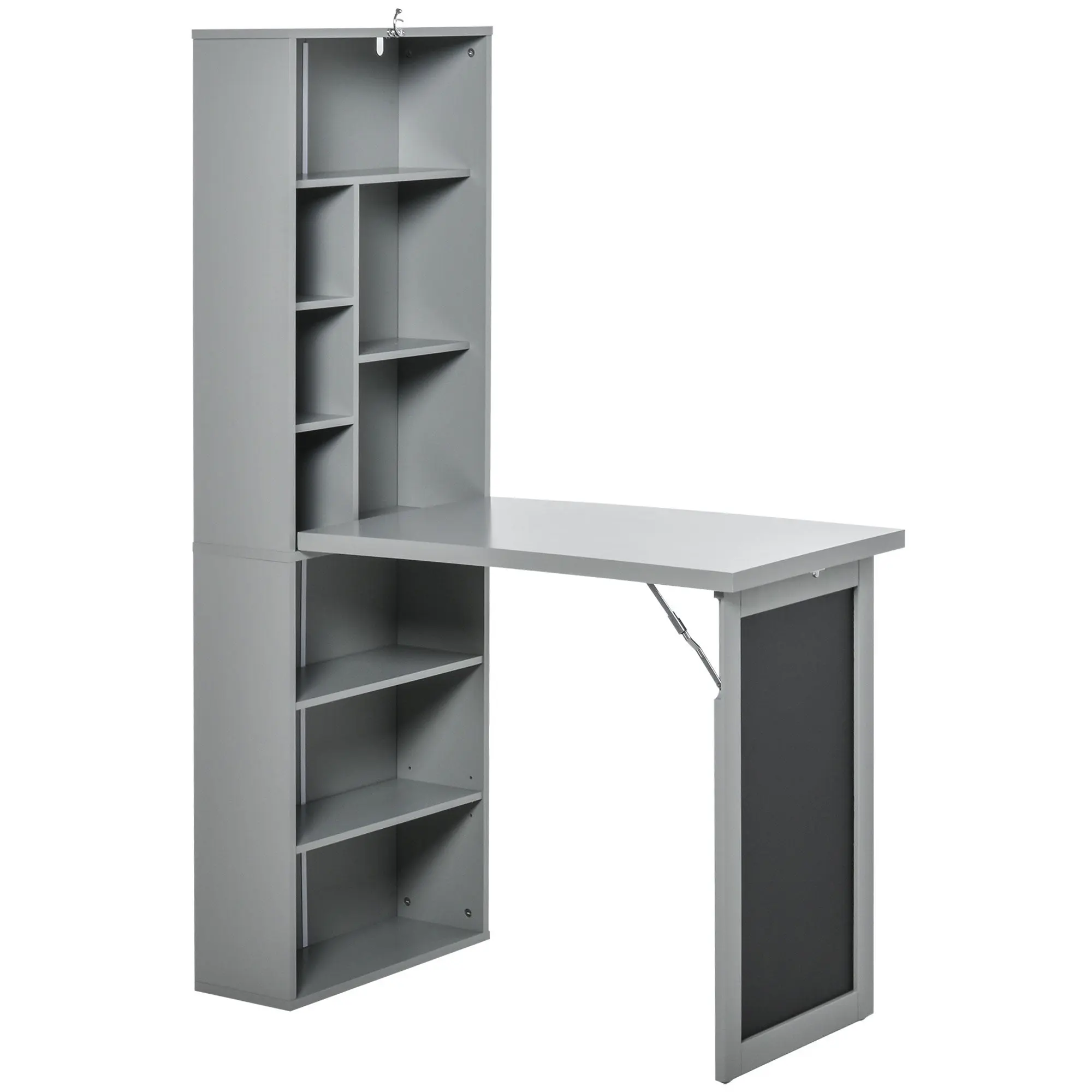 Wall Mounted Computer Desk, Folding Study Table with Black Board and Bookshelf, Grey