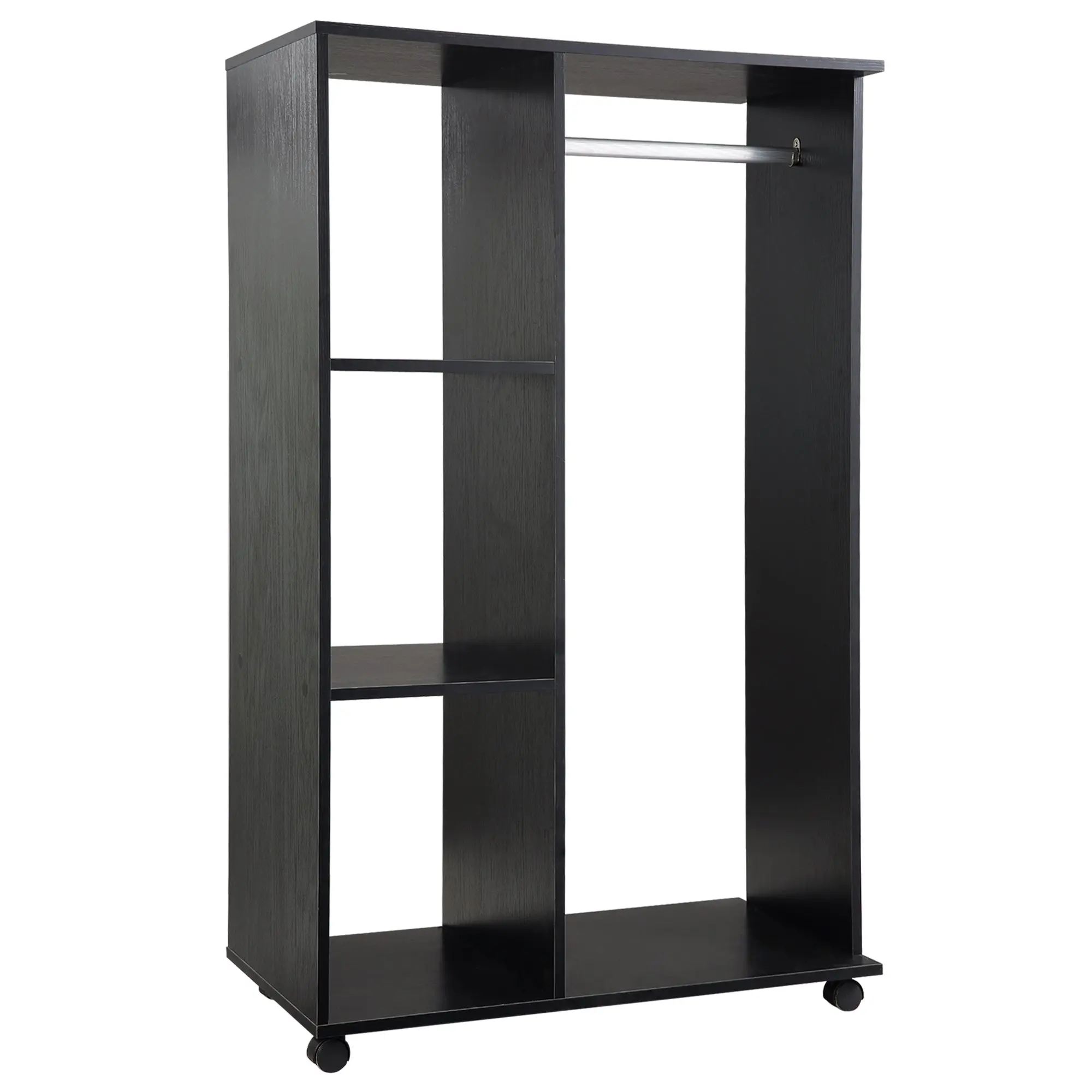 Open Wardrobe on Wheels, Small Wardrobe with Clothes Rail, 3 Storage Shelves, Black