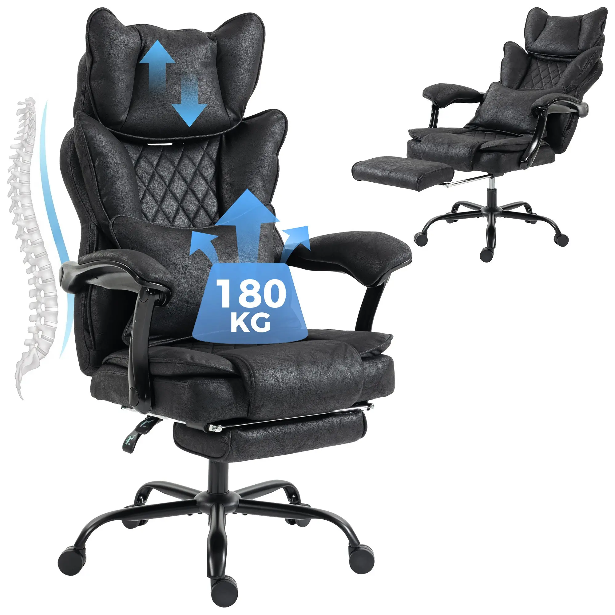 Big and Tall Office Chair 180kg with Adjustable Headrest, Lumbar Support, Black