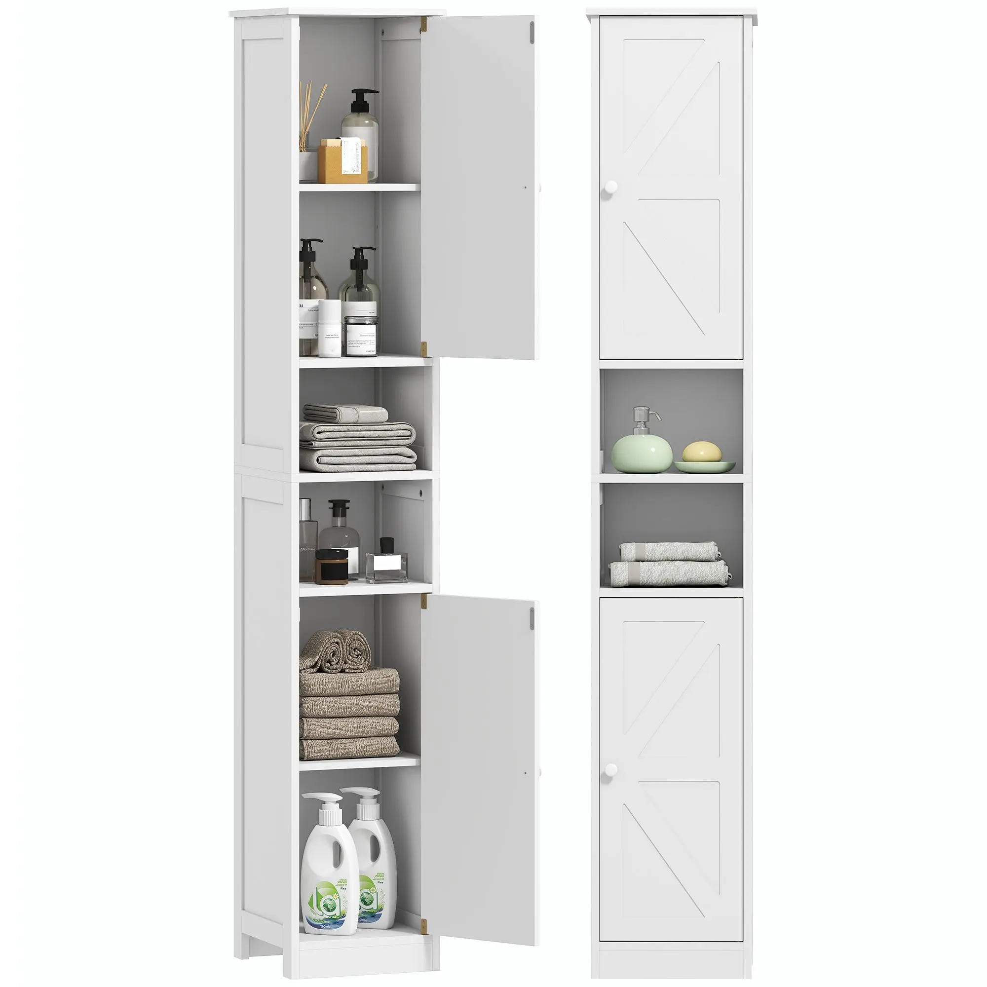 70" Slim Bathroom Cabinet with Barn Doors & Adjustable Shelves, White