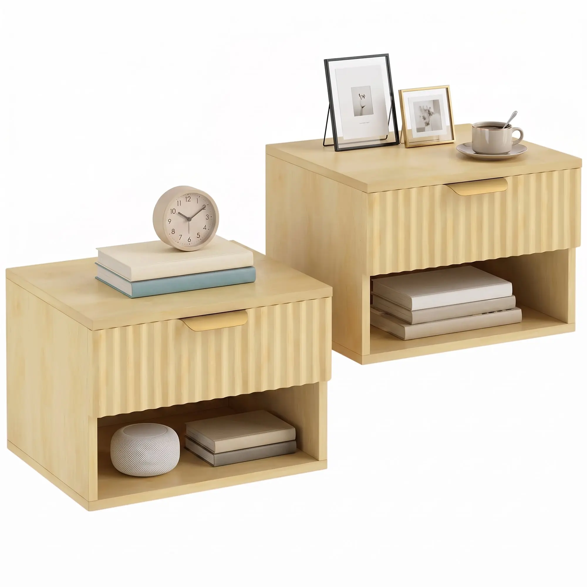 Floating Nightstands Set of 2, Wall-Mounted with Fluted Drawer & Open Shelf, Oak