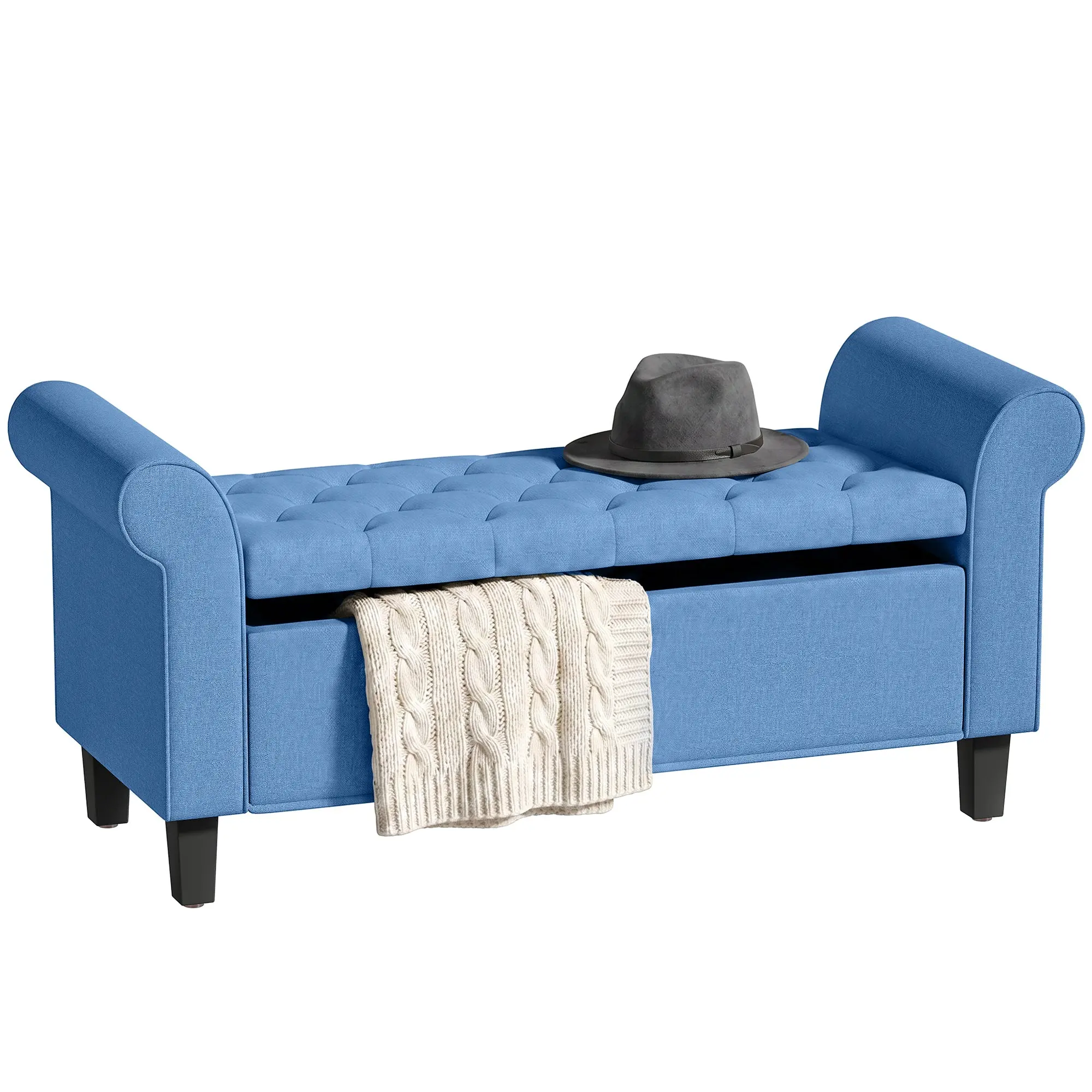 47" Tufted Upholstered Storage Ottoman Bench with Safety Hinge & Wooden Legs, Blue