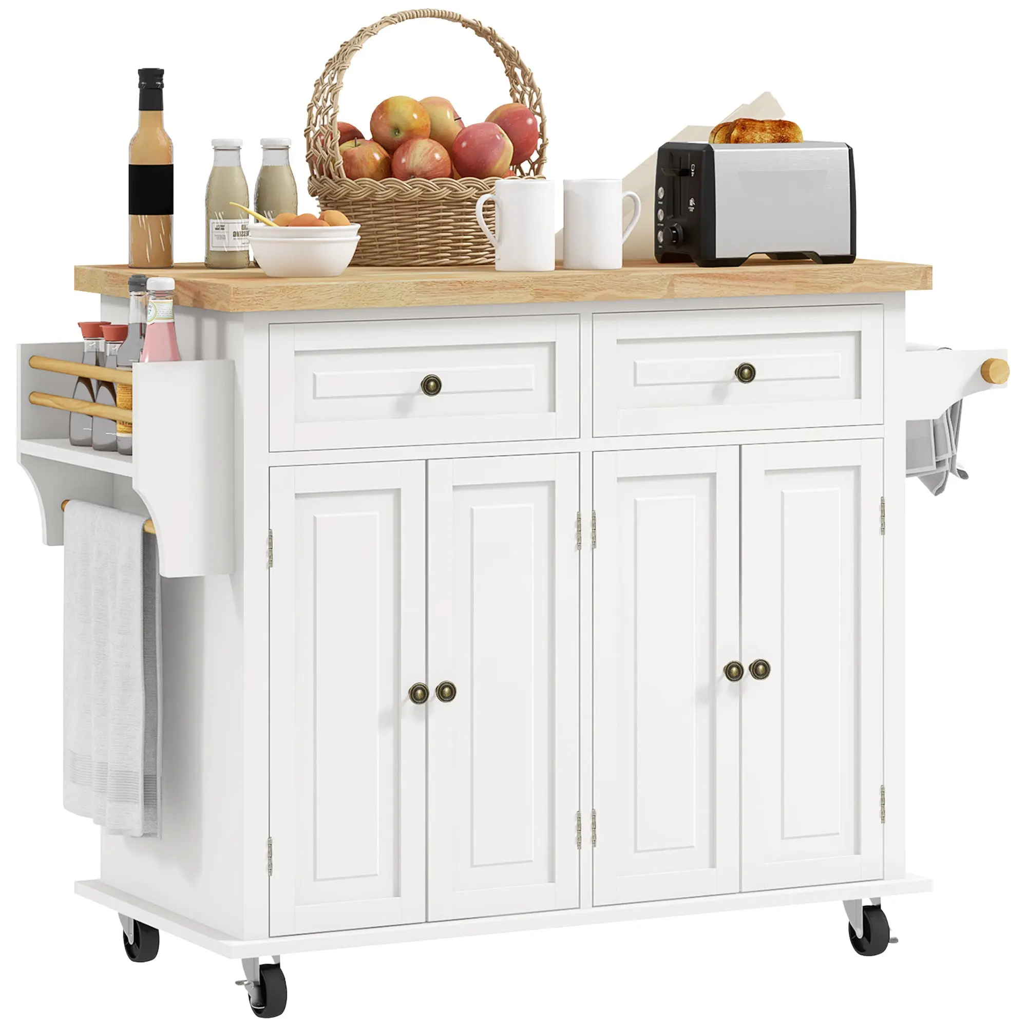GlideSpace Rolling Kitchen Island with Rubberwood Top and Spice Rack for Kitchen, Cream White