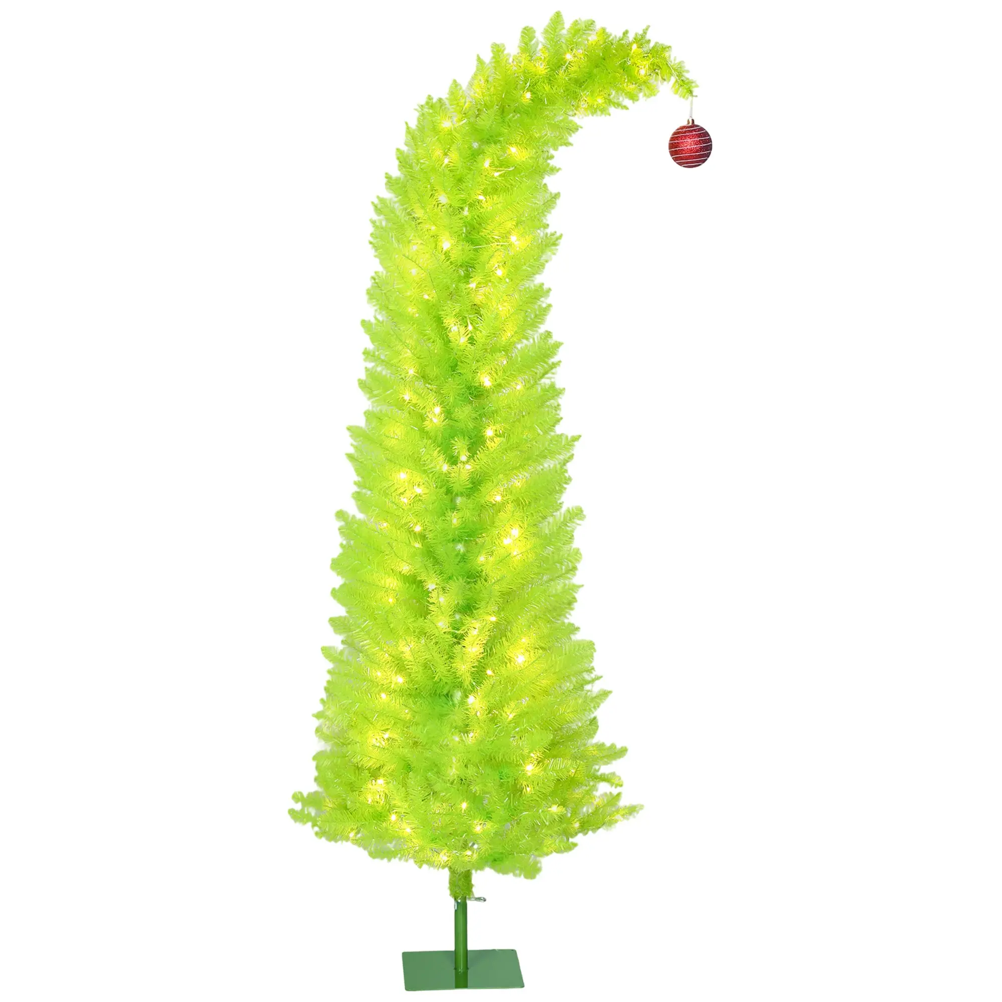 6 ft Whimsical Christmas Tree with Red Ball, Branch Tips, LED Lights and Metal Base